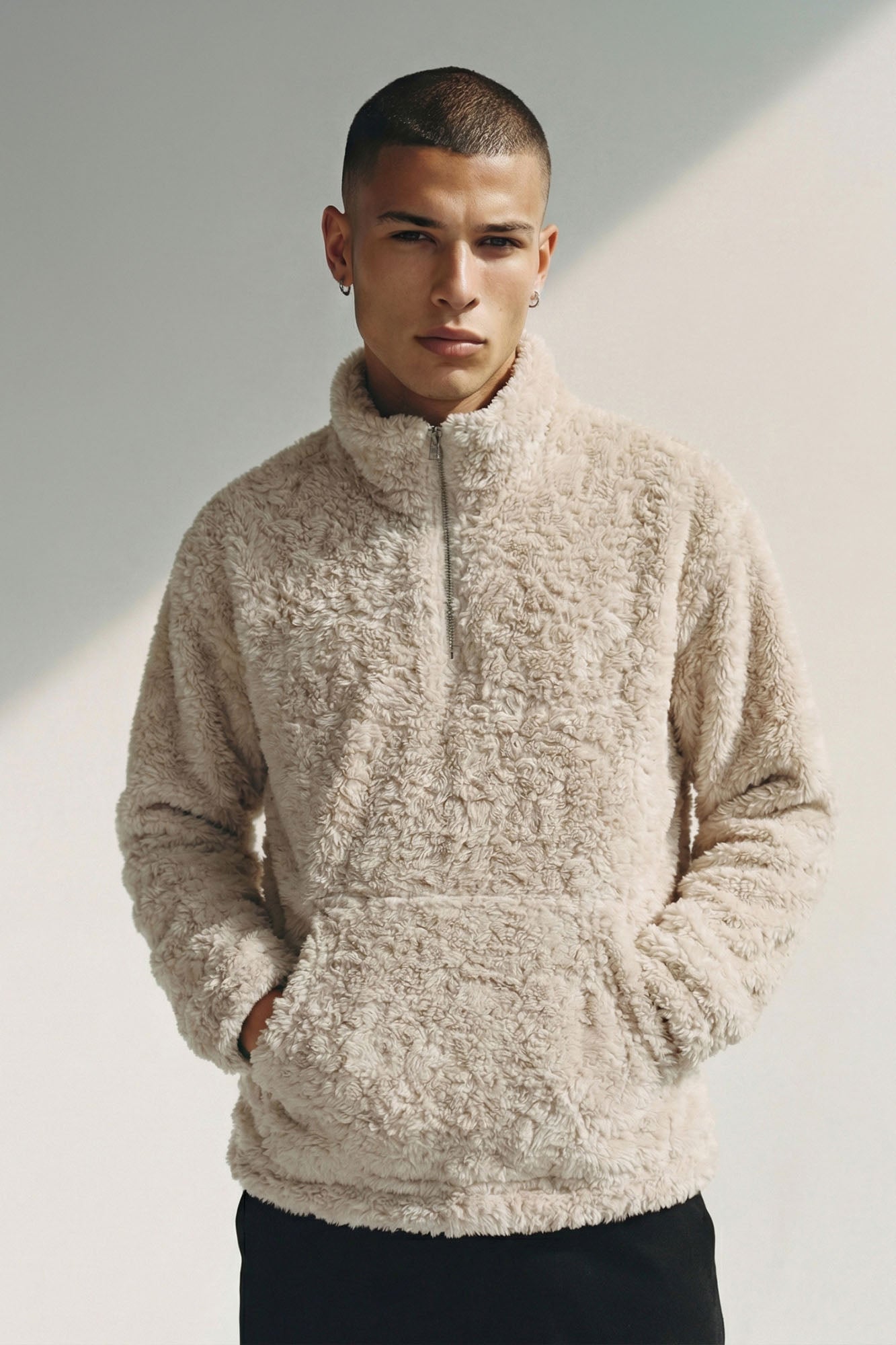 Relaxed Quarter Zip Faux Fur Jacket - Cream image 6