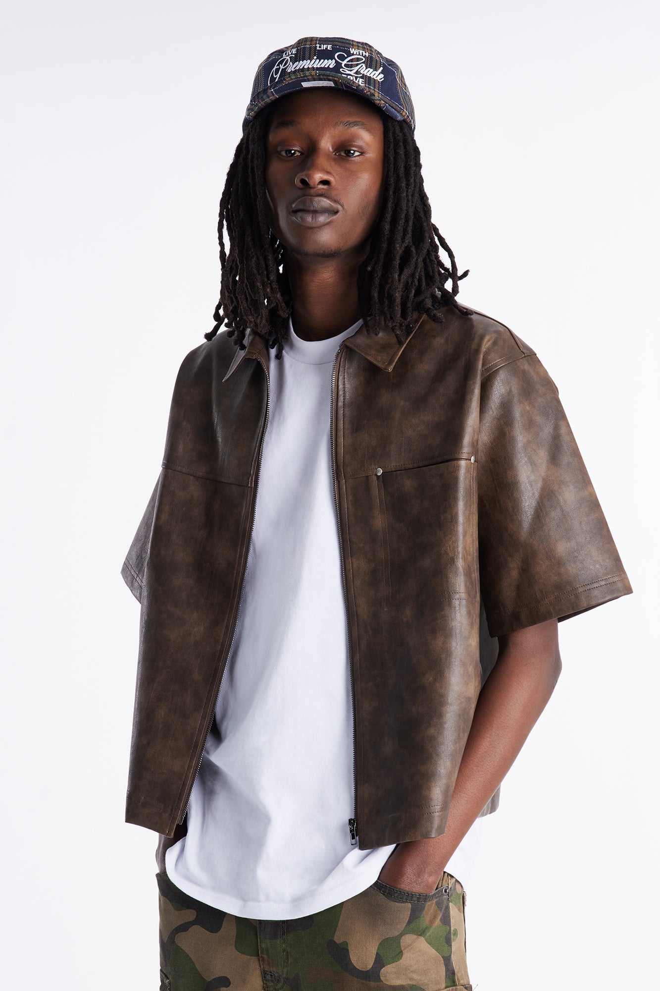 2 Stud Faux Leather Leather Zip Up Shirt - Brown image 6