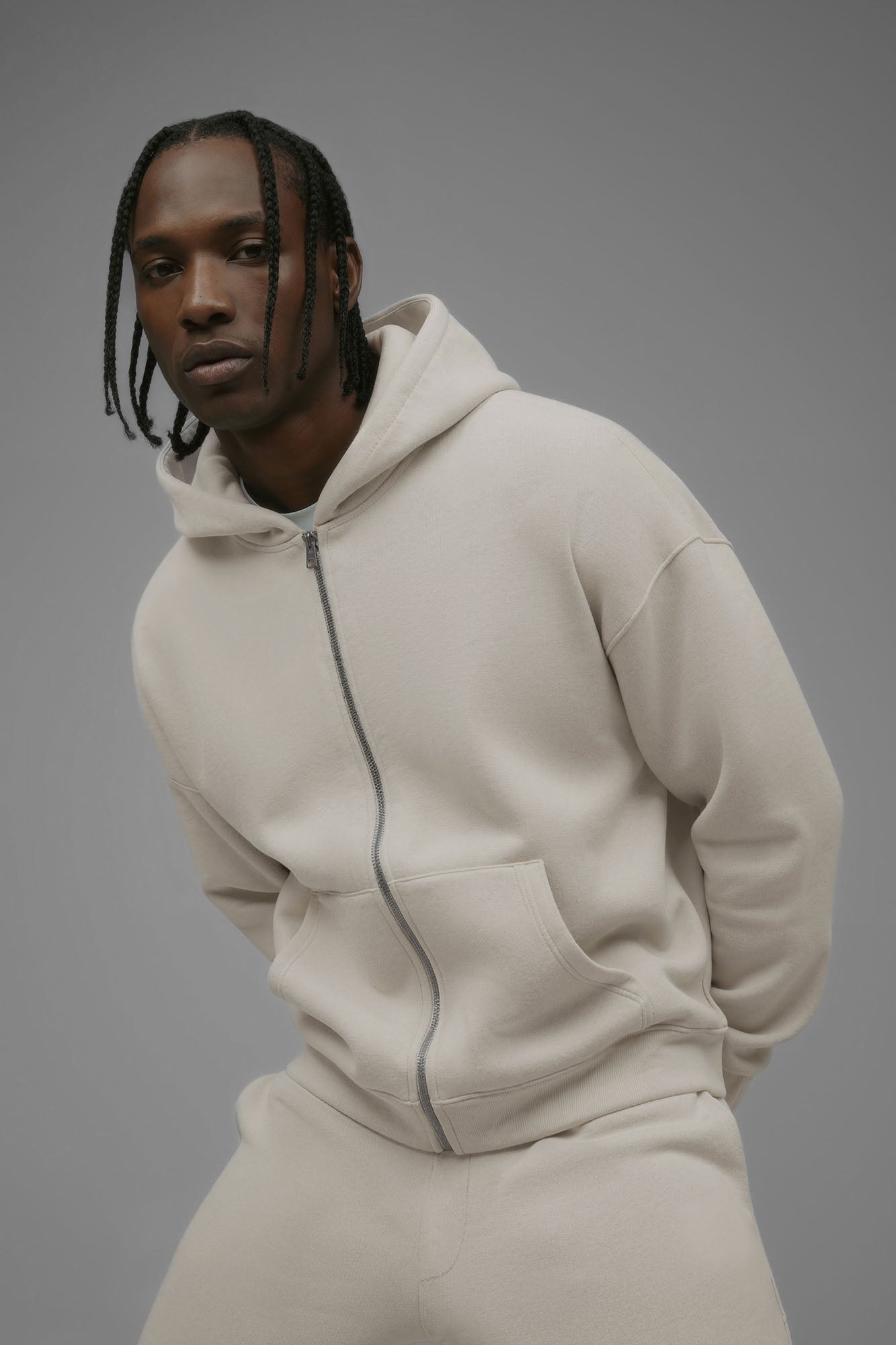 410 Oversized Cropped Zip Hoodie - Cream image 2