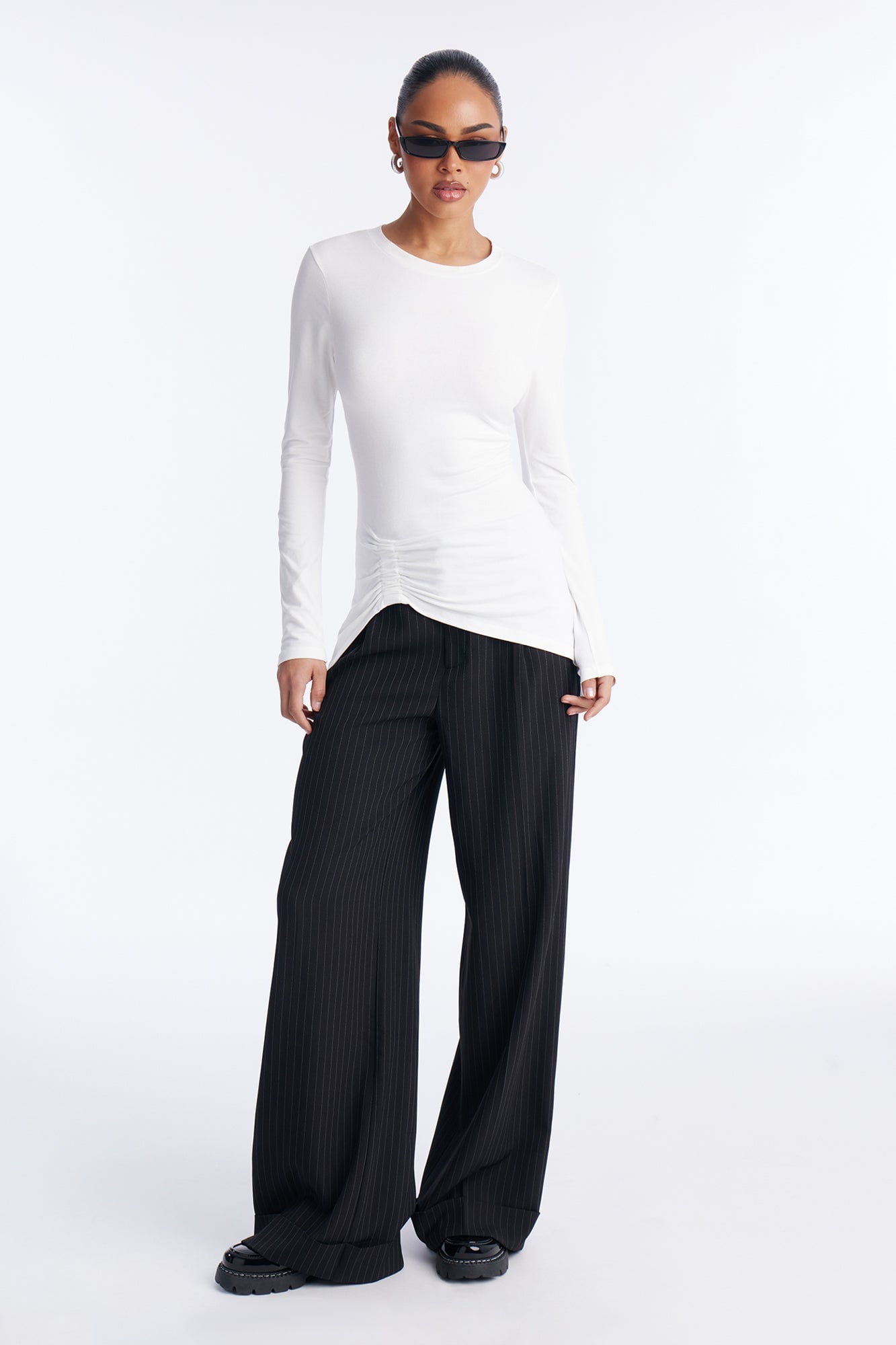 Soft Allure Ruched Asymmetrical Long Sleeve Top - White image 6