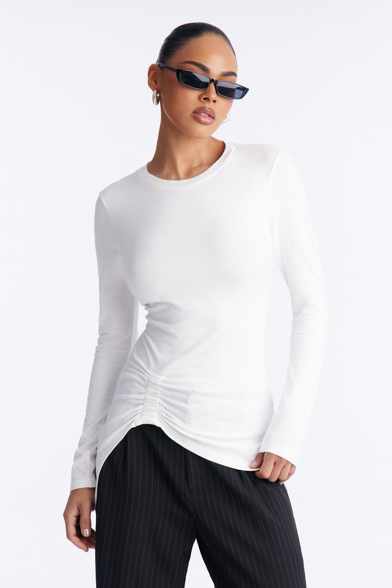 Soft Allure Ruched Asymmetrical Long Sleeve Top - White image 5