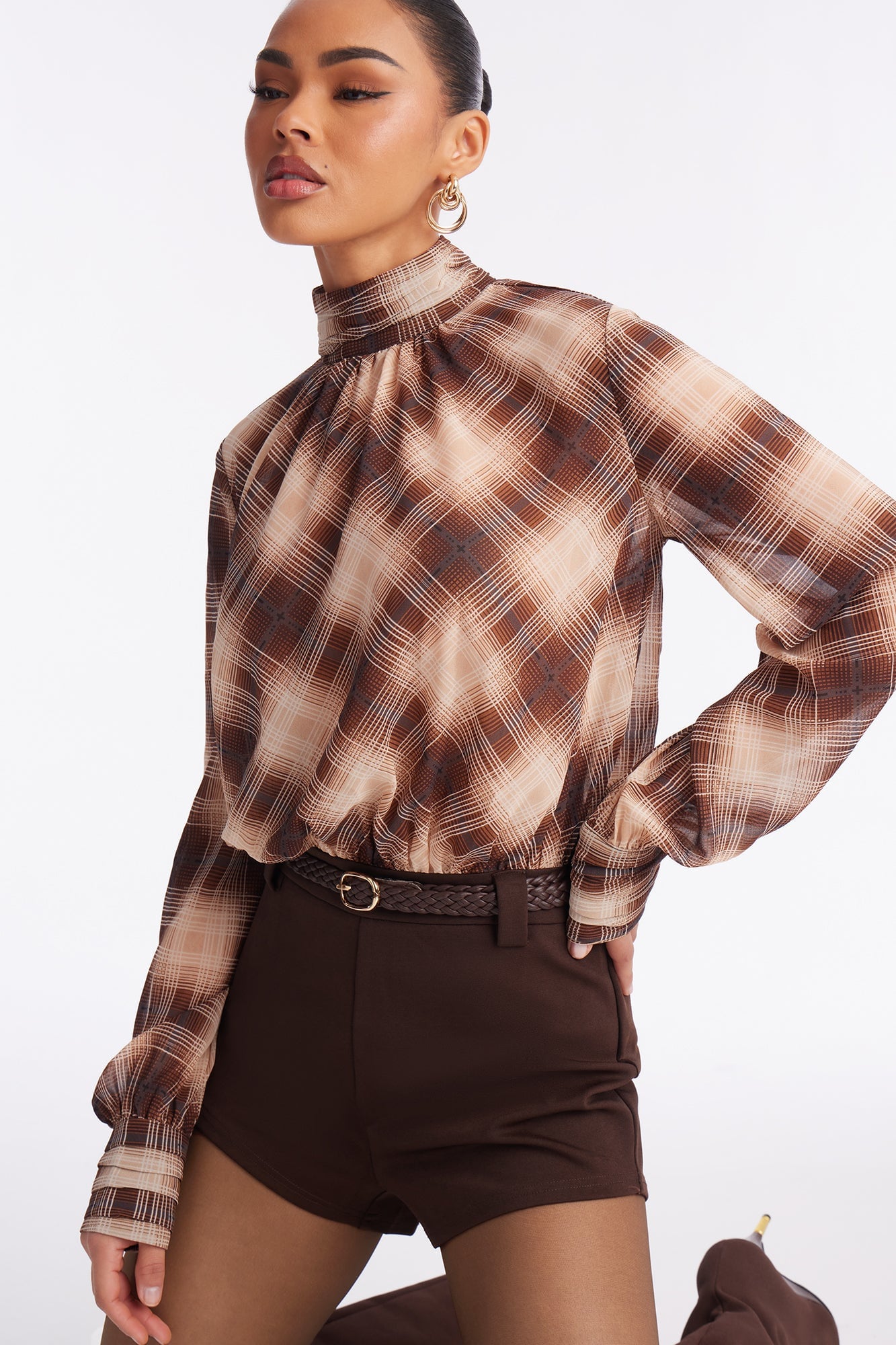 Prep And Plaid Micro Short Romper - Brown image 3