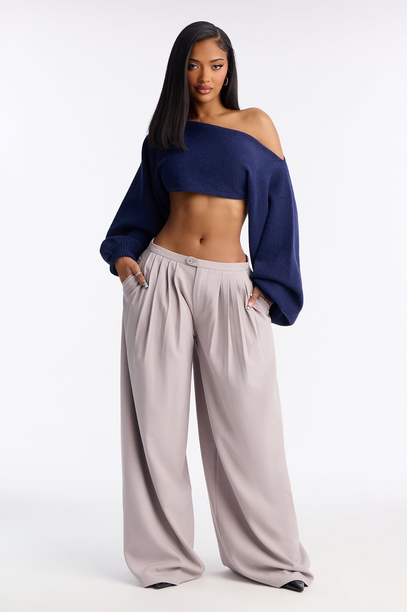 Love Away One Shoulder Sweater Top - Navy image 2