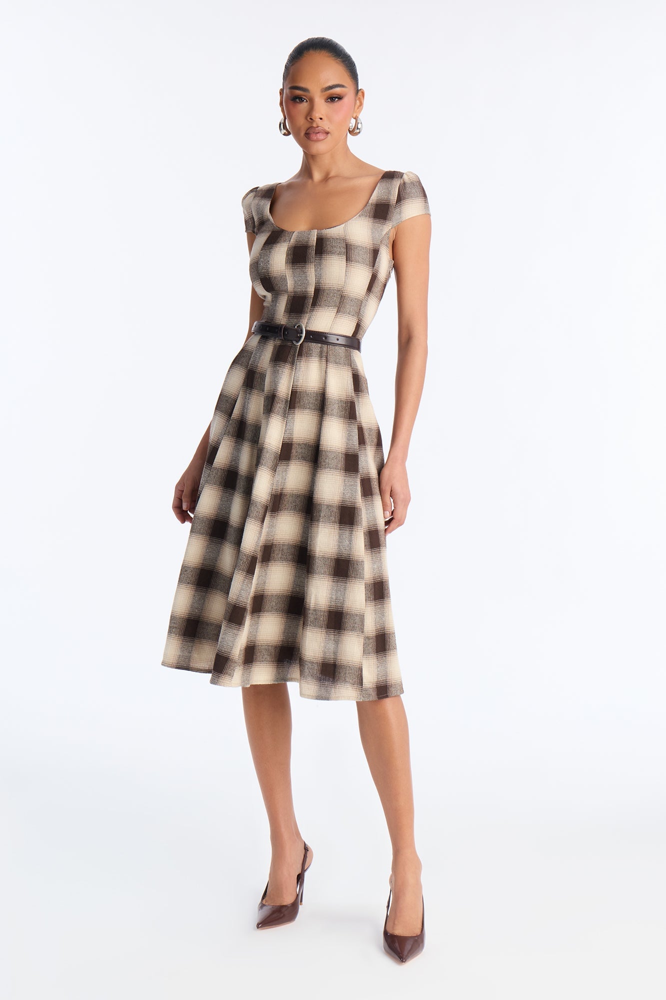 Alaina Belted Plaid Midi Dress - Brown image 5