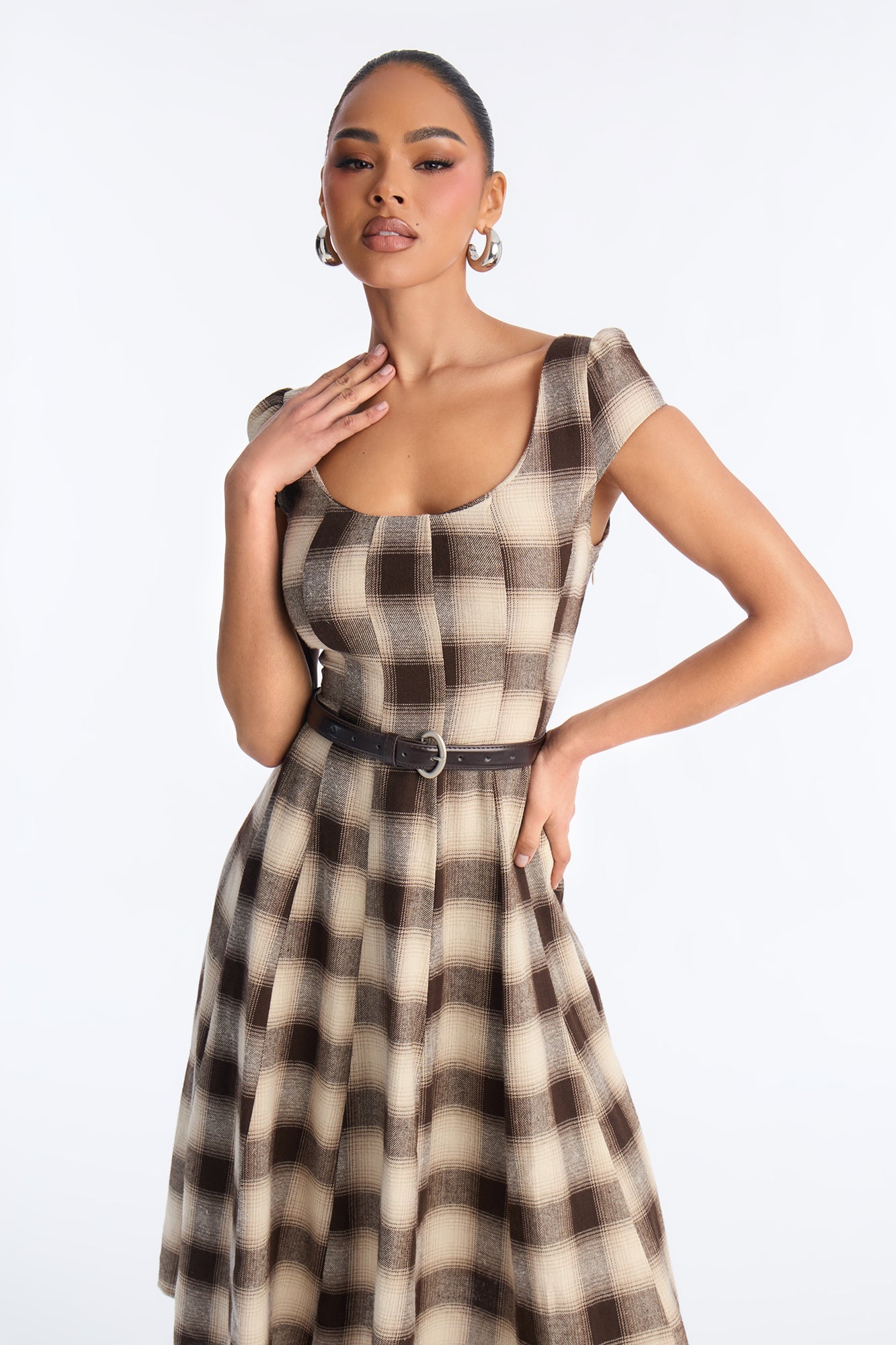 Alaina Belted Plaid Midi Dress - Brown image 7
