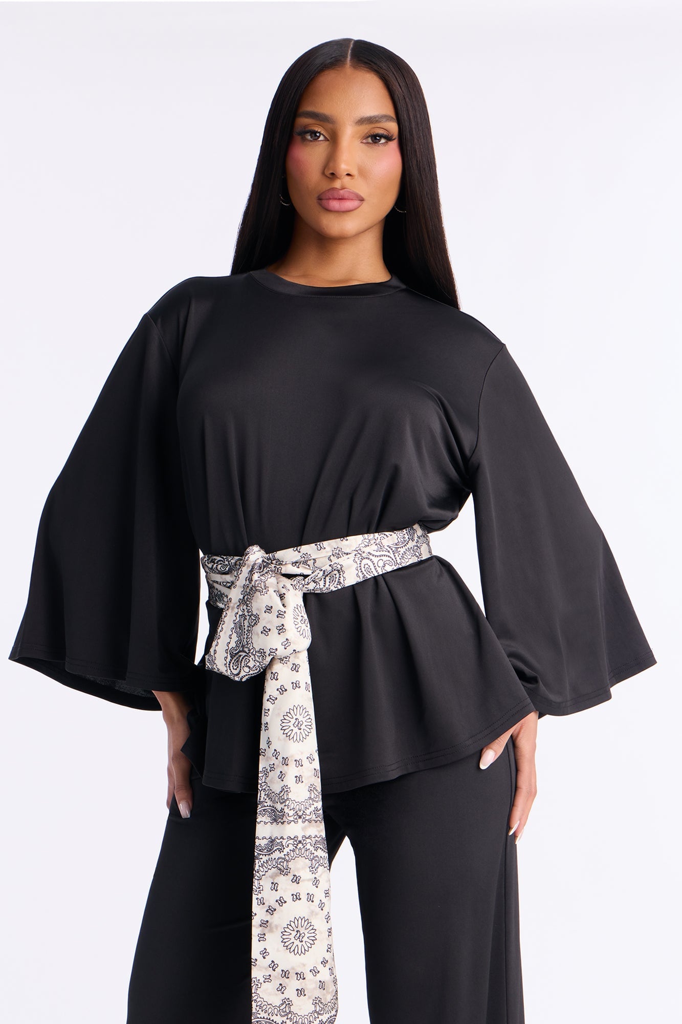 Normani 3 Piece Scarf Belt Pant Set - Black image 5