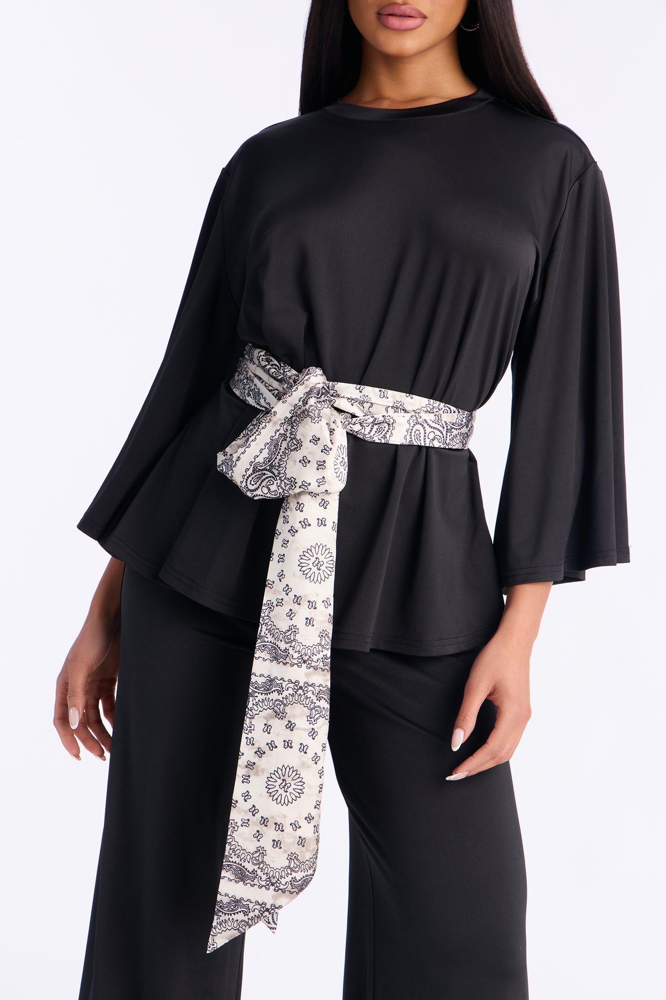 Normani 3 Piece Scarf Belt Pant Set - Black image 6