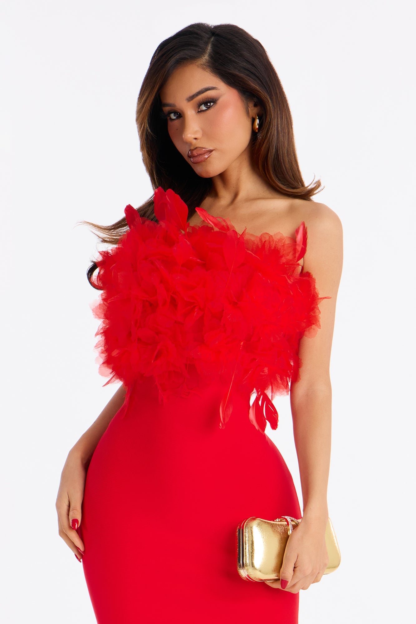 Nyla Feather Trim Bandage Midi Dress - Red image 2