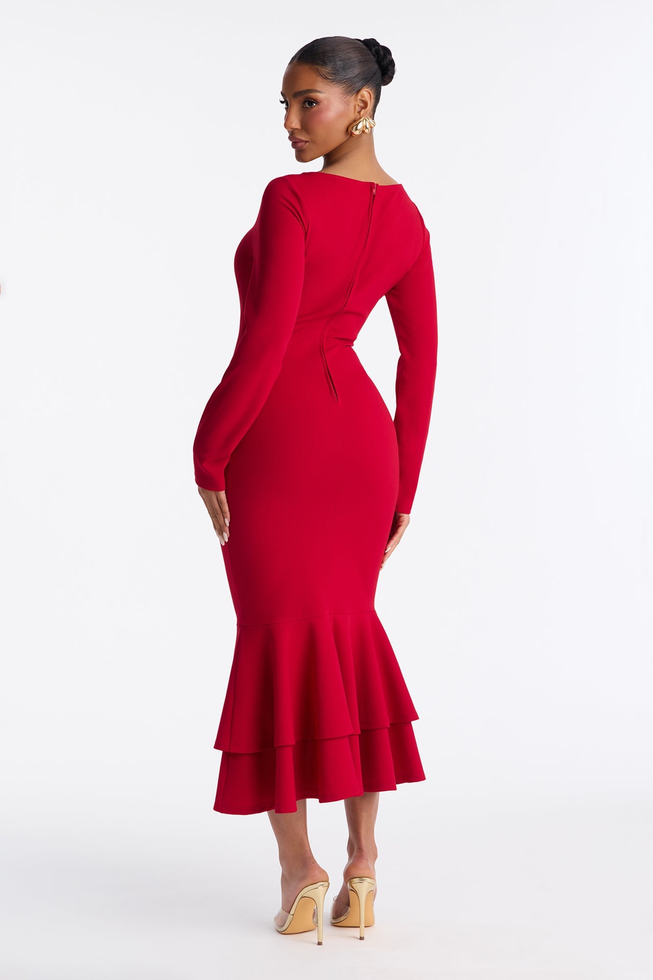 Bianca Long Sleeve Peplum Midi Dress - Red image 8