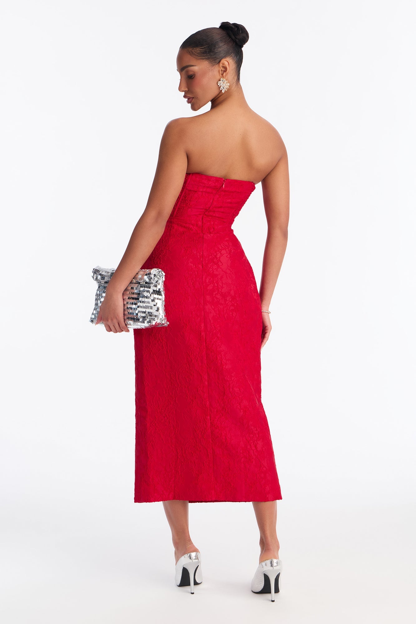 Scarlett Strapless Floral Jacquard Midi Dress - Red image 7