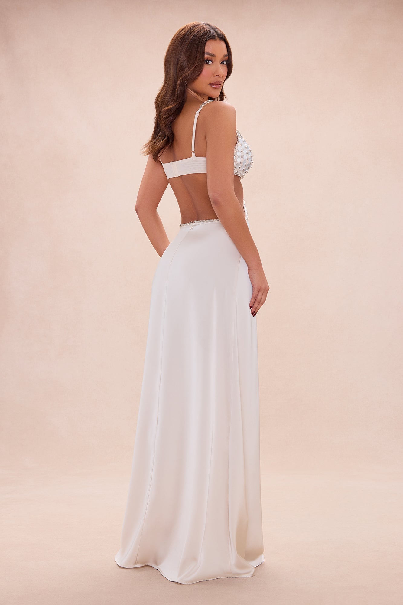 Kassie Satin Embellished Cut Out Maxi Dress - Cream image 4