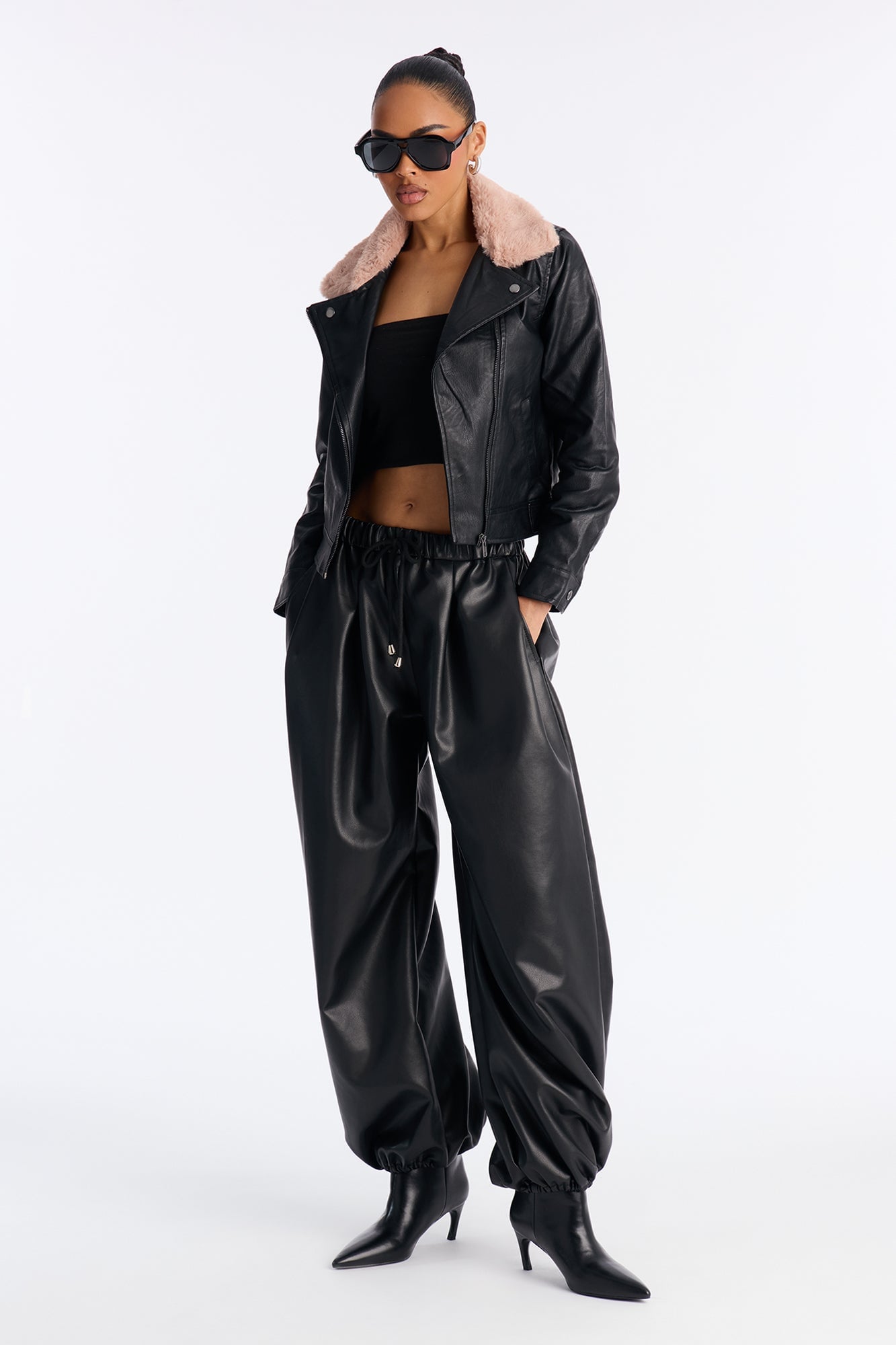 Karissa Faux Leather Fur Collar Moto Jacket - Black image 2
