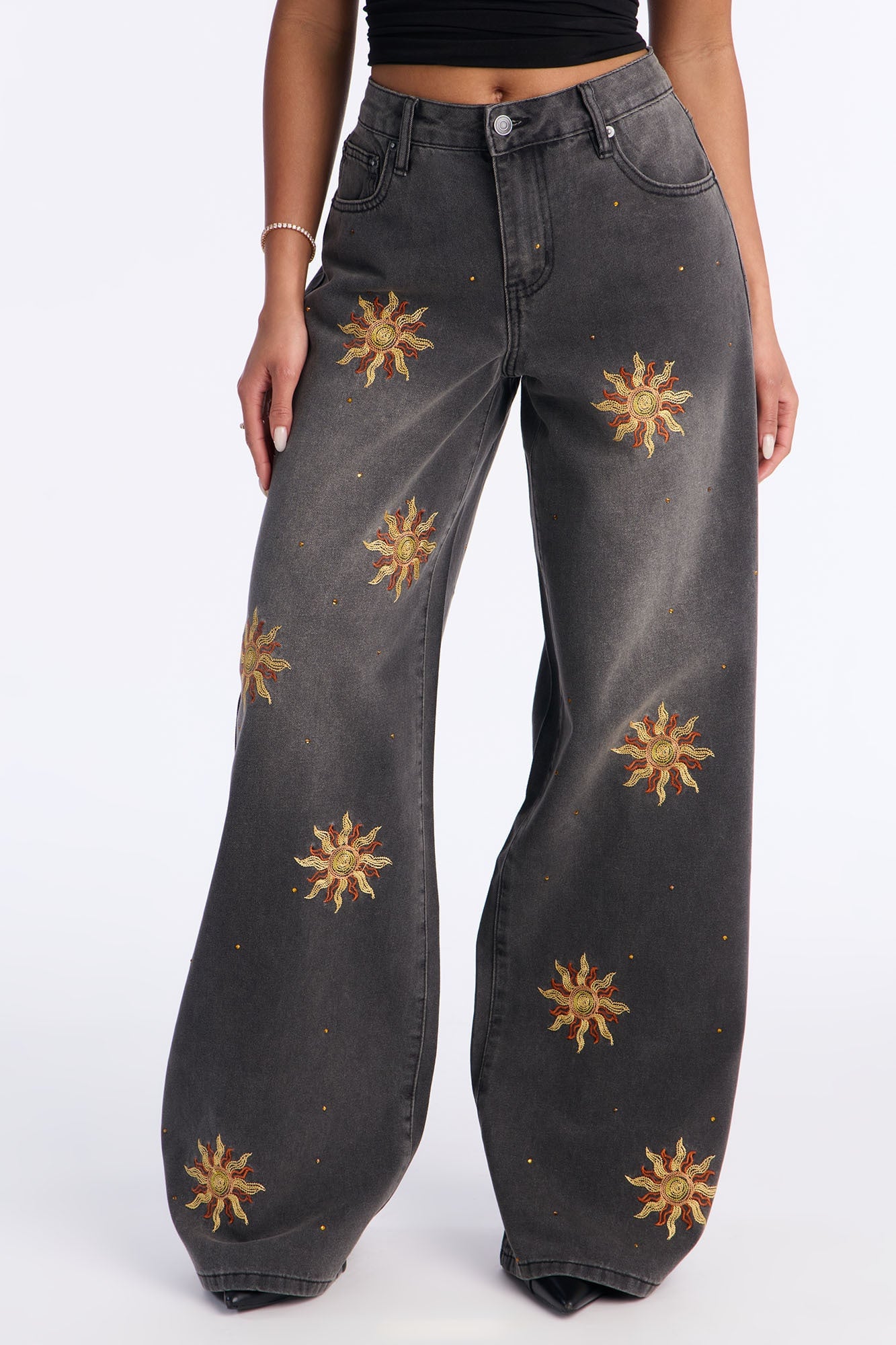 Le Soleil Embroidered Wide Leg Jeans - Grey image 3