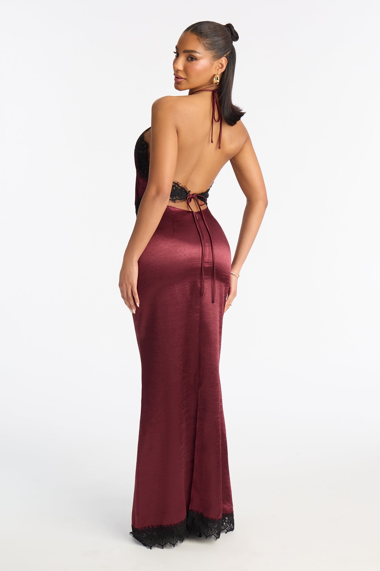 Karina Lace Trim Satin Gown - Wine image 3