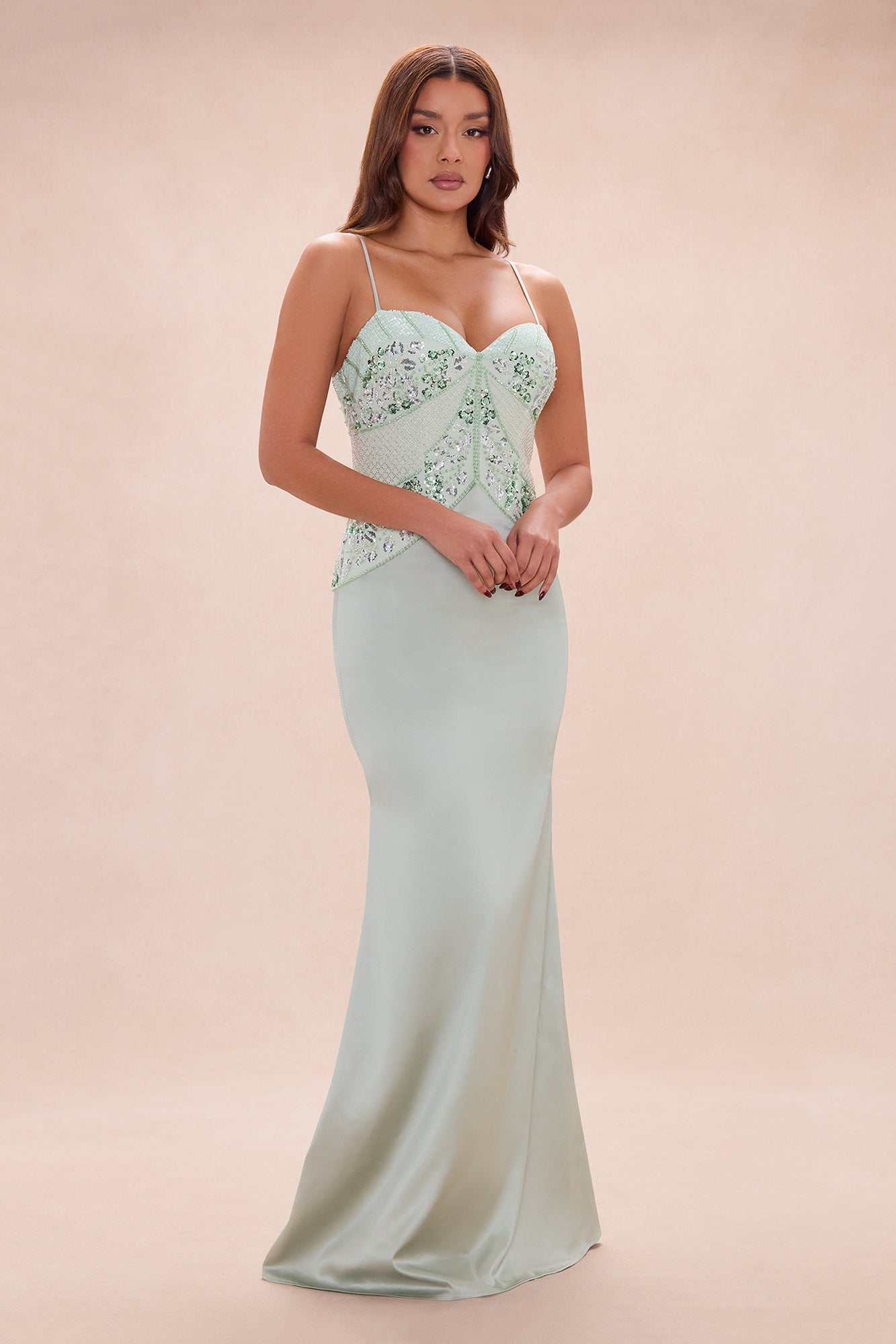 Melodie Embellished Satin Maxi Dress - Sage image 5