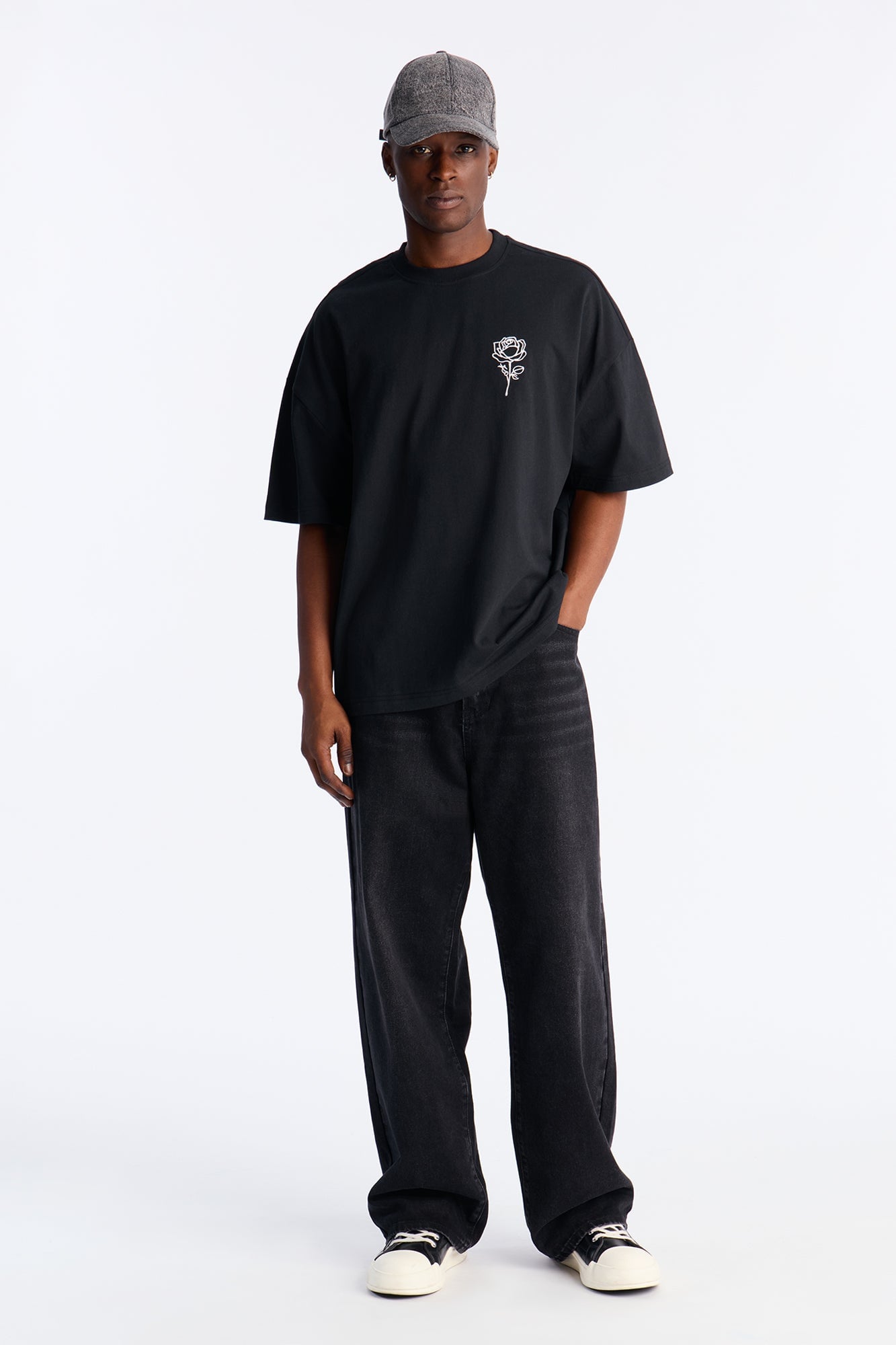 Premium Rose Embroidered Oversized Short Sleeve Tee - Black image 6