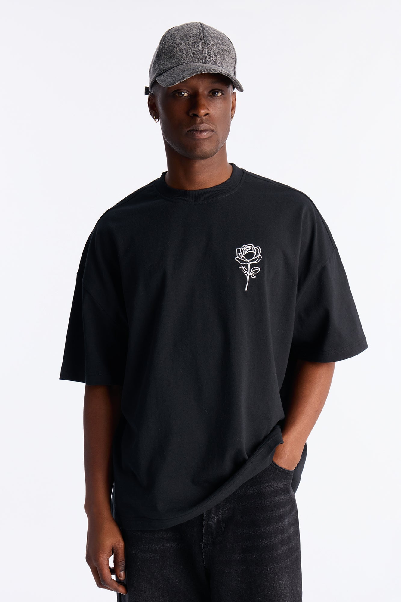 Premium Rose Embroidered Oversized Short Sleeve Tee - Black image 8
