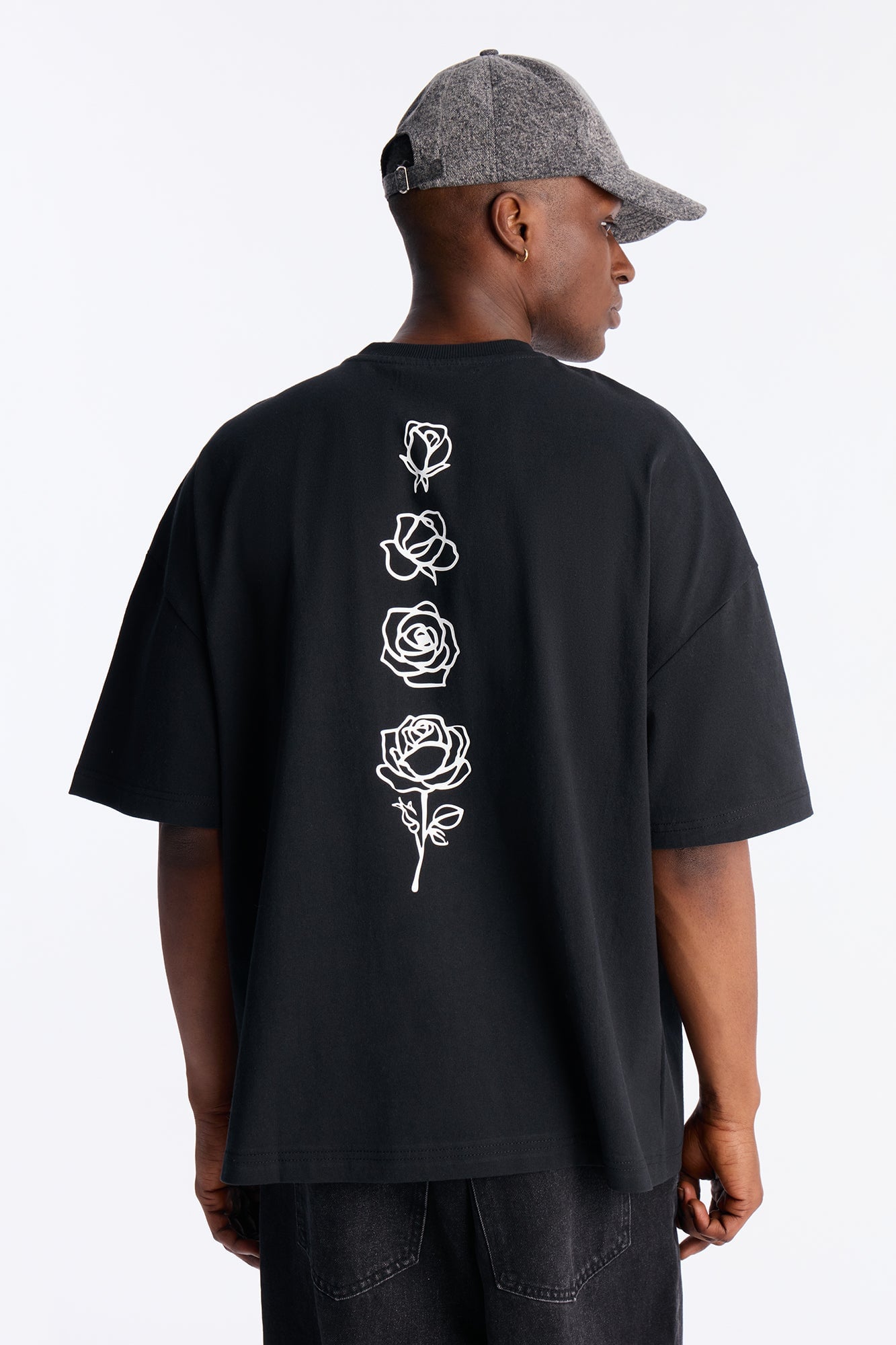 Premium Rose Embroidered Oversized Short Sleeve Tee - Black image 4