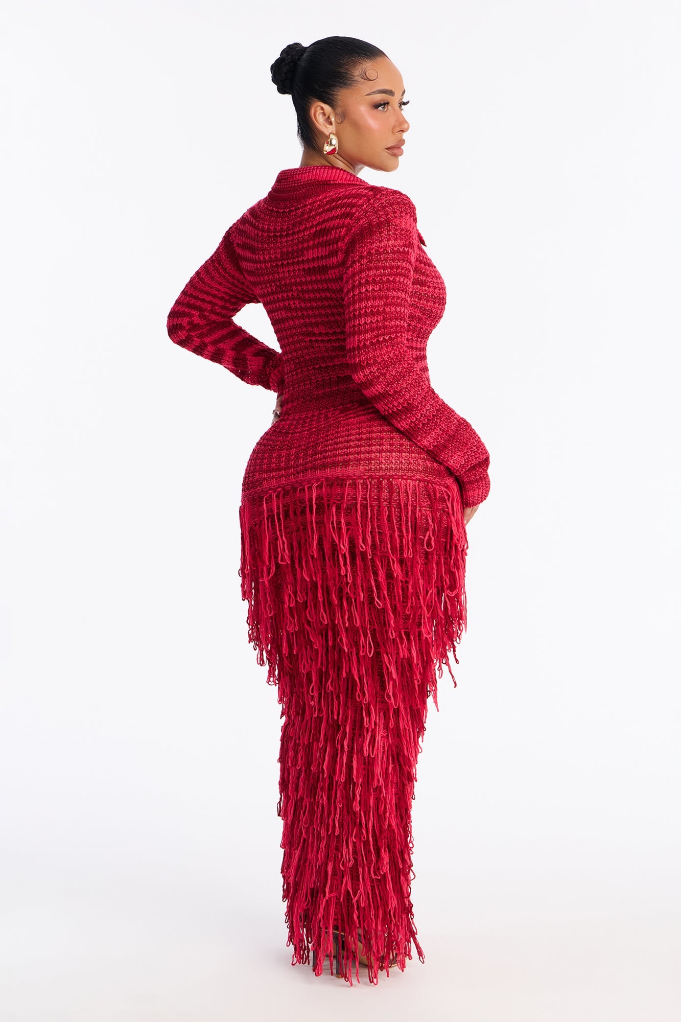 Amaya Striped Fringe Sweater Maxi Dress - Red image 8