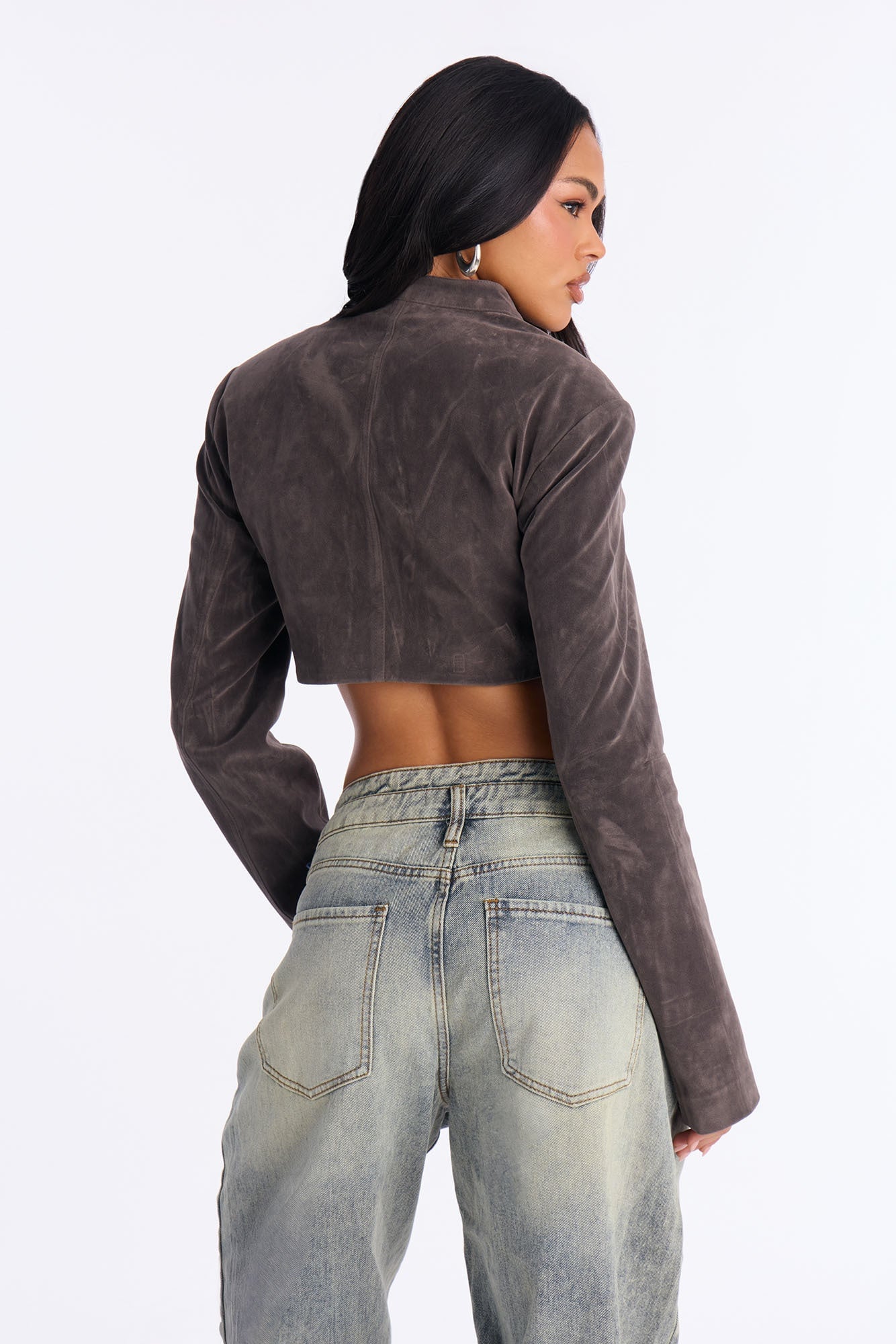 Blake Cropped Faux Suede Moto Jacket - Grey image 9