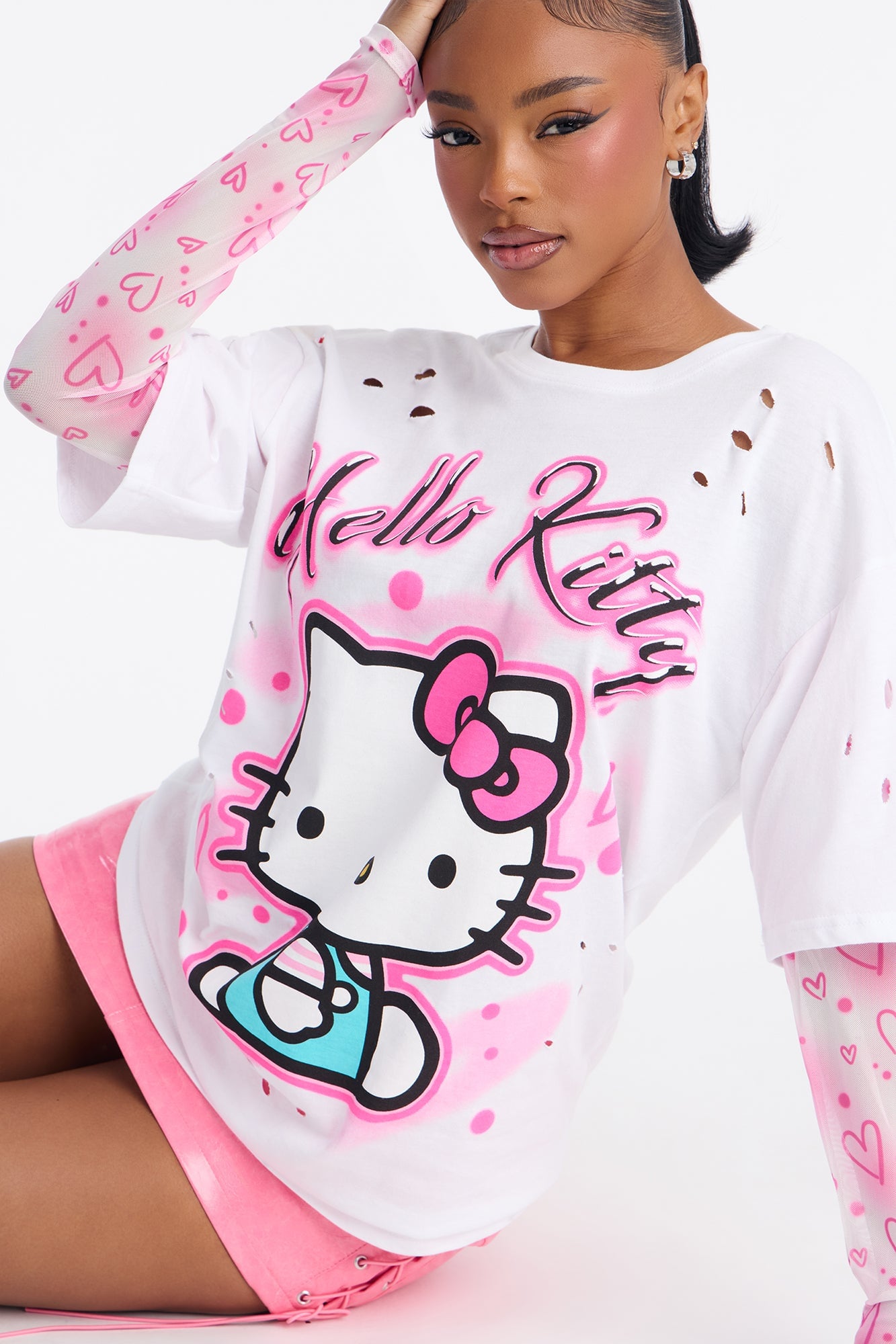Hello Kitty Distressed Mesh Sleeves Tshirt - White image 6