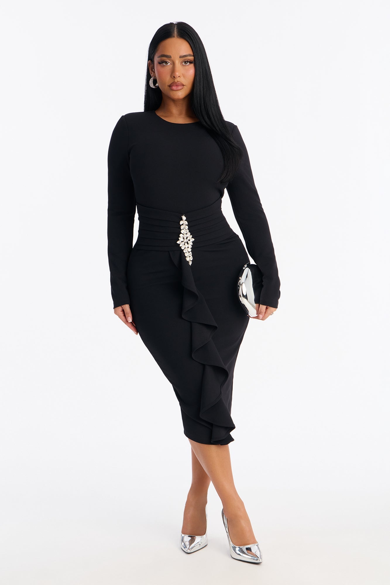Mandy Long Sleeve Ruffle Midi Dress - Black image 5
