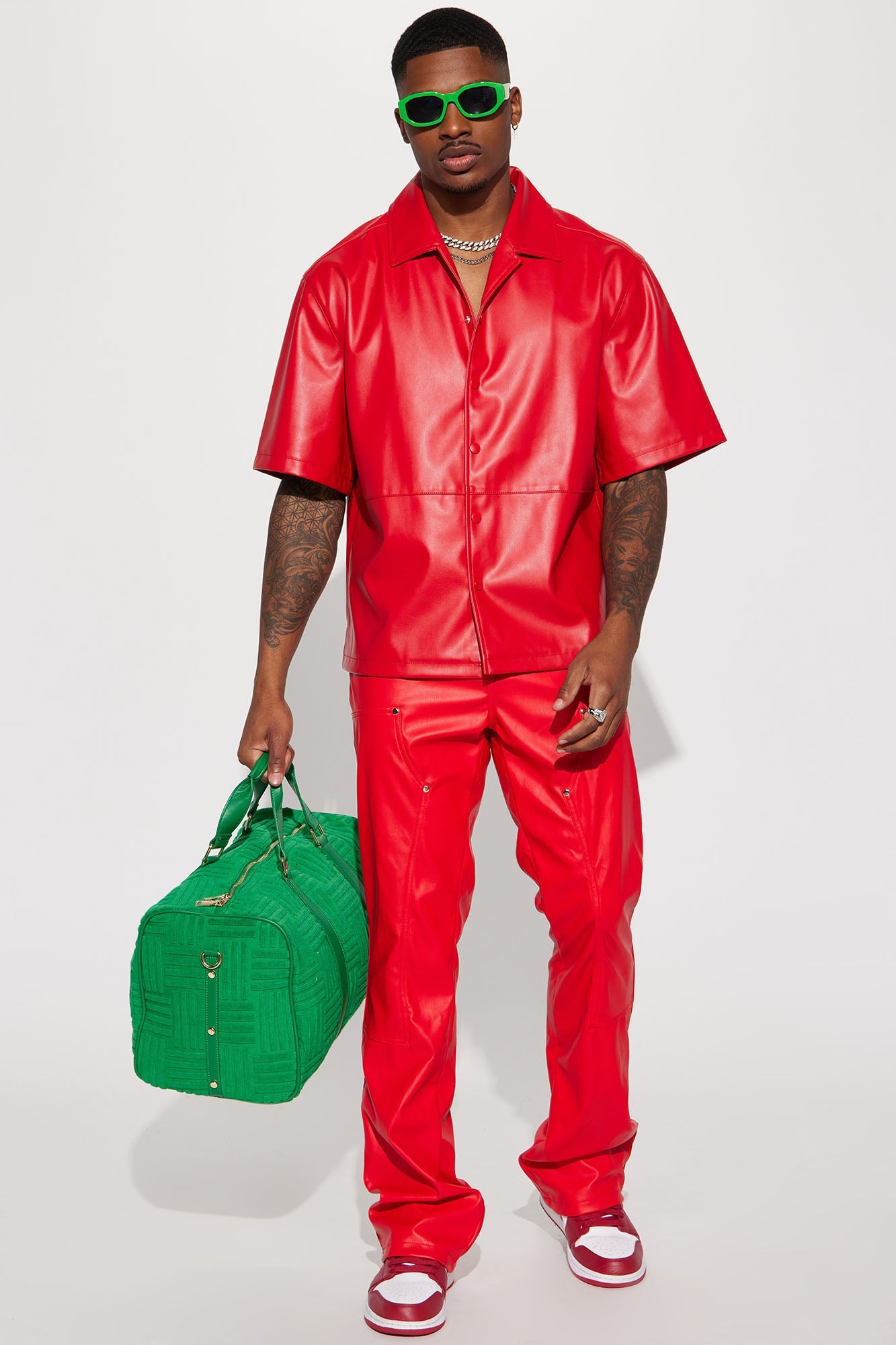 Slam Dunk Faux Leather Short Sleeve Button Up - Red image 5