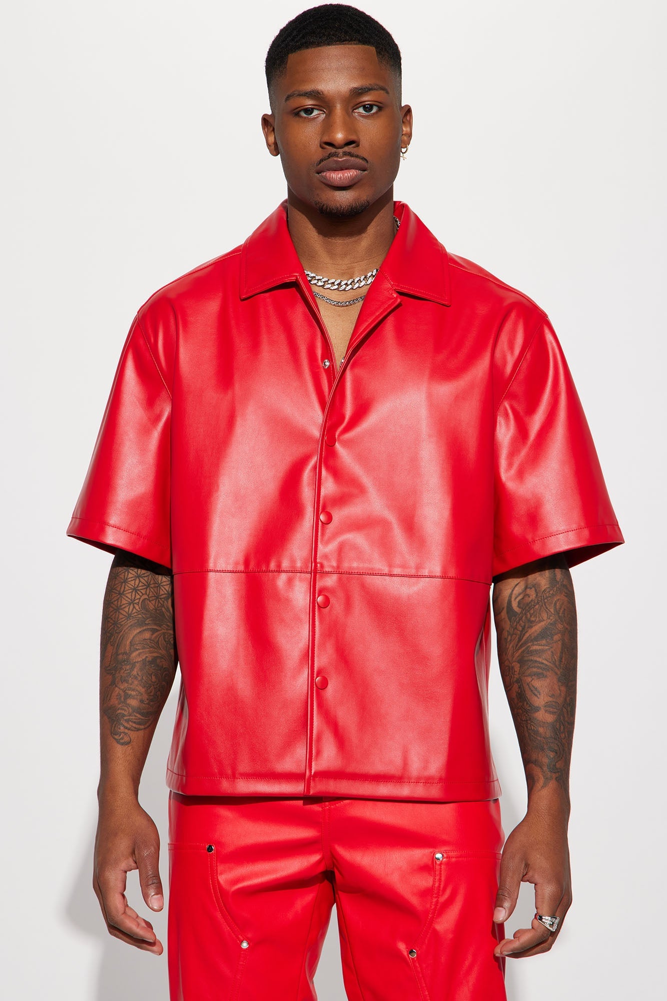 Slam Dunk Faux Leather Short Sleeve Button Up - Red image 4