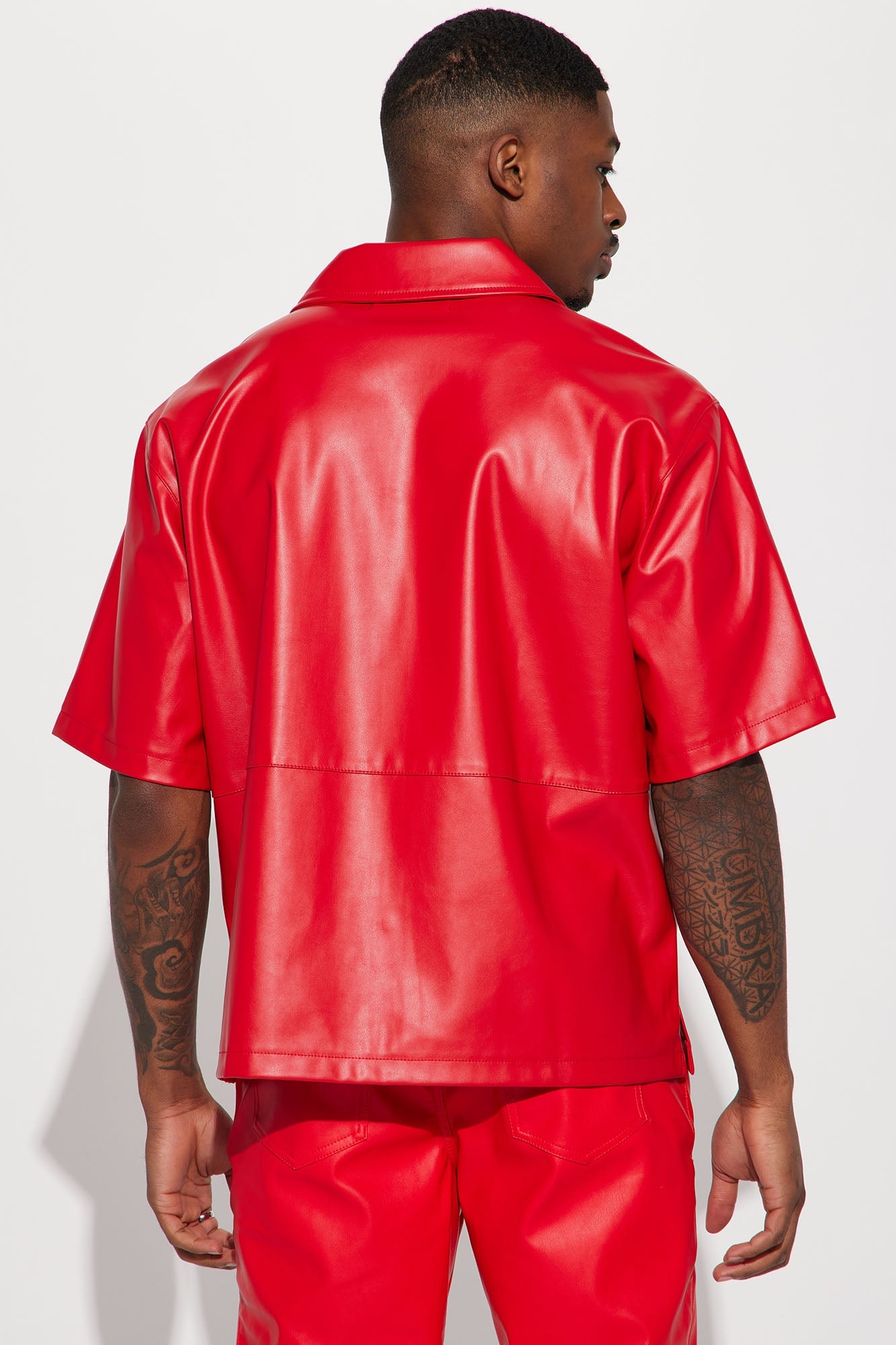 Slam Dunk Faux Leather Short Sleeve Button Up - Red image 6
