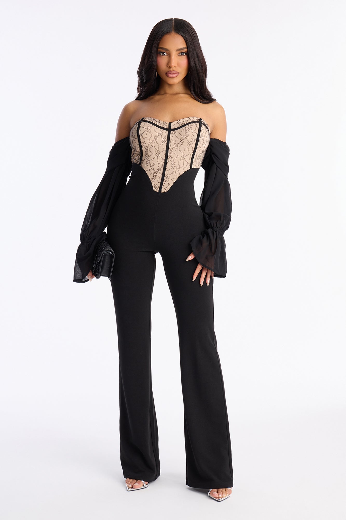 Janelle Lace Trim Flare Leg Jumpsuit - Black image 5