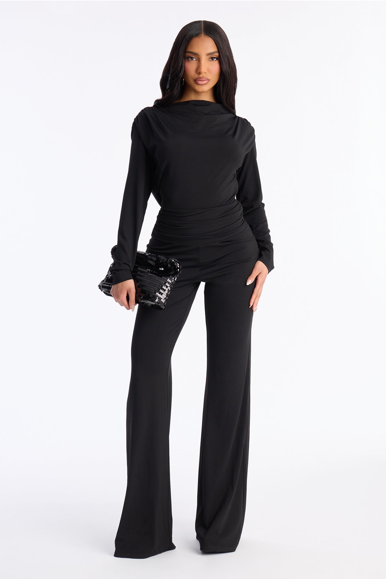 Nara Ruched Backless Wide Leg Jumpsuit - Black image 1