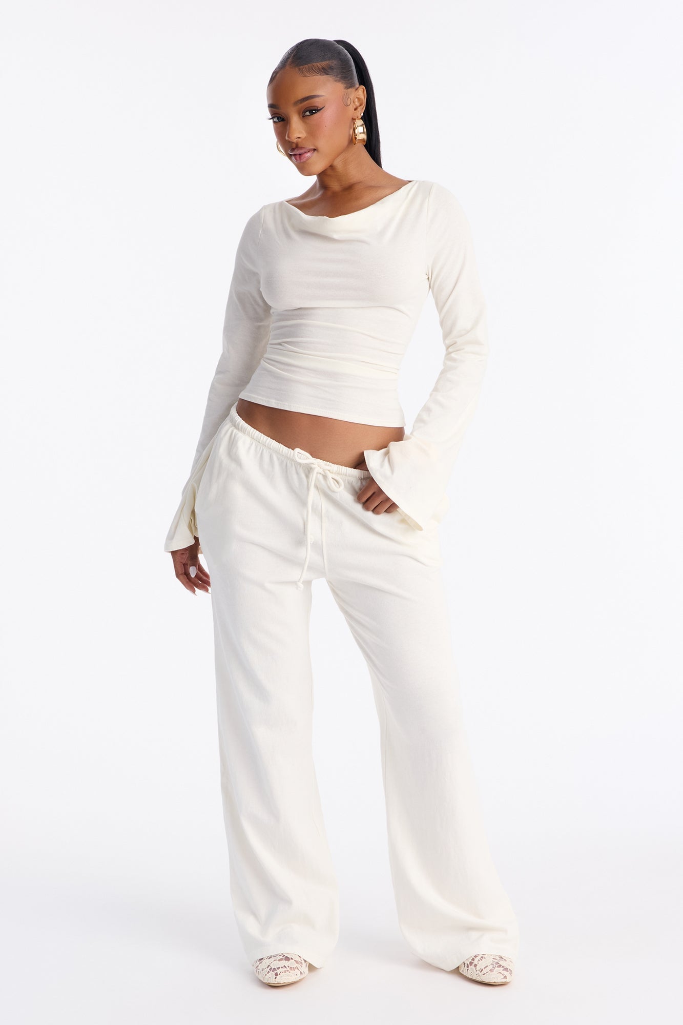 She's Effortless Cowl Neck Long Bell Sleeve Top - Ivory image 5