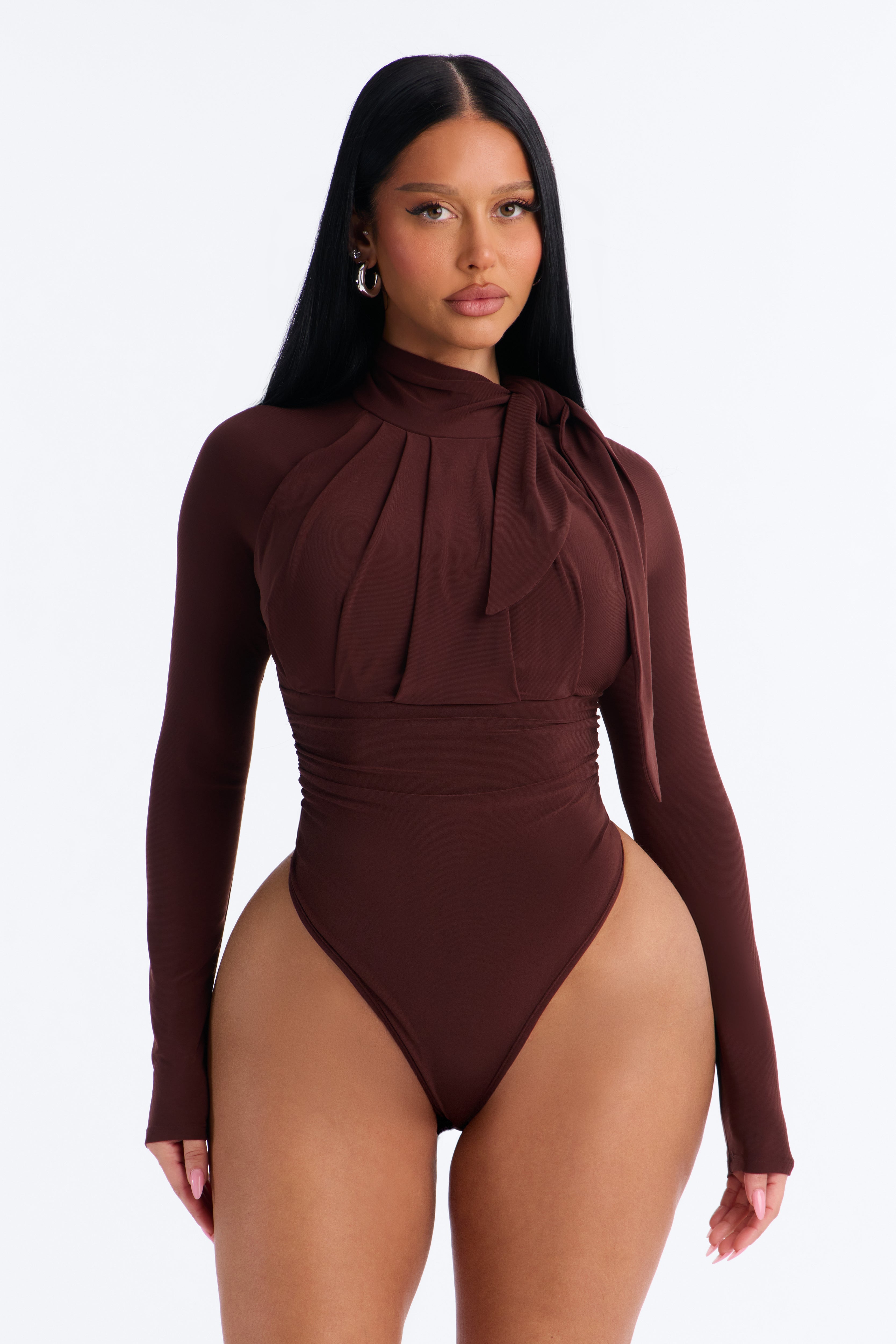 City Dreams Tie Neck Long Sleeve Bodysuit - Chocolate image 6