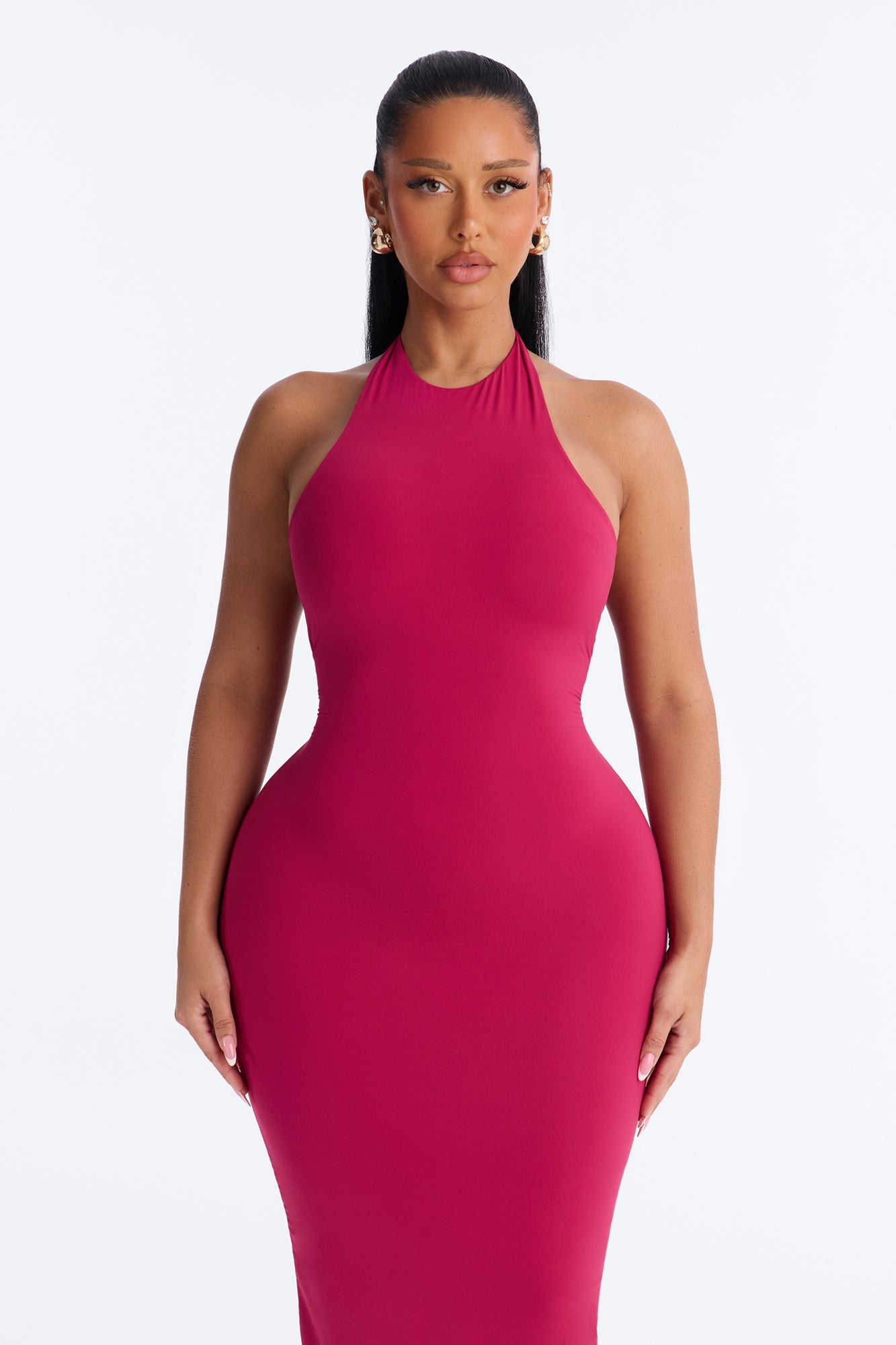 Second Skin Bra Pad Sleeveless Halter Maxi Dress - Raspberry image 2