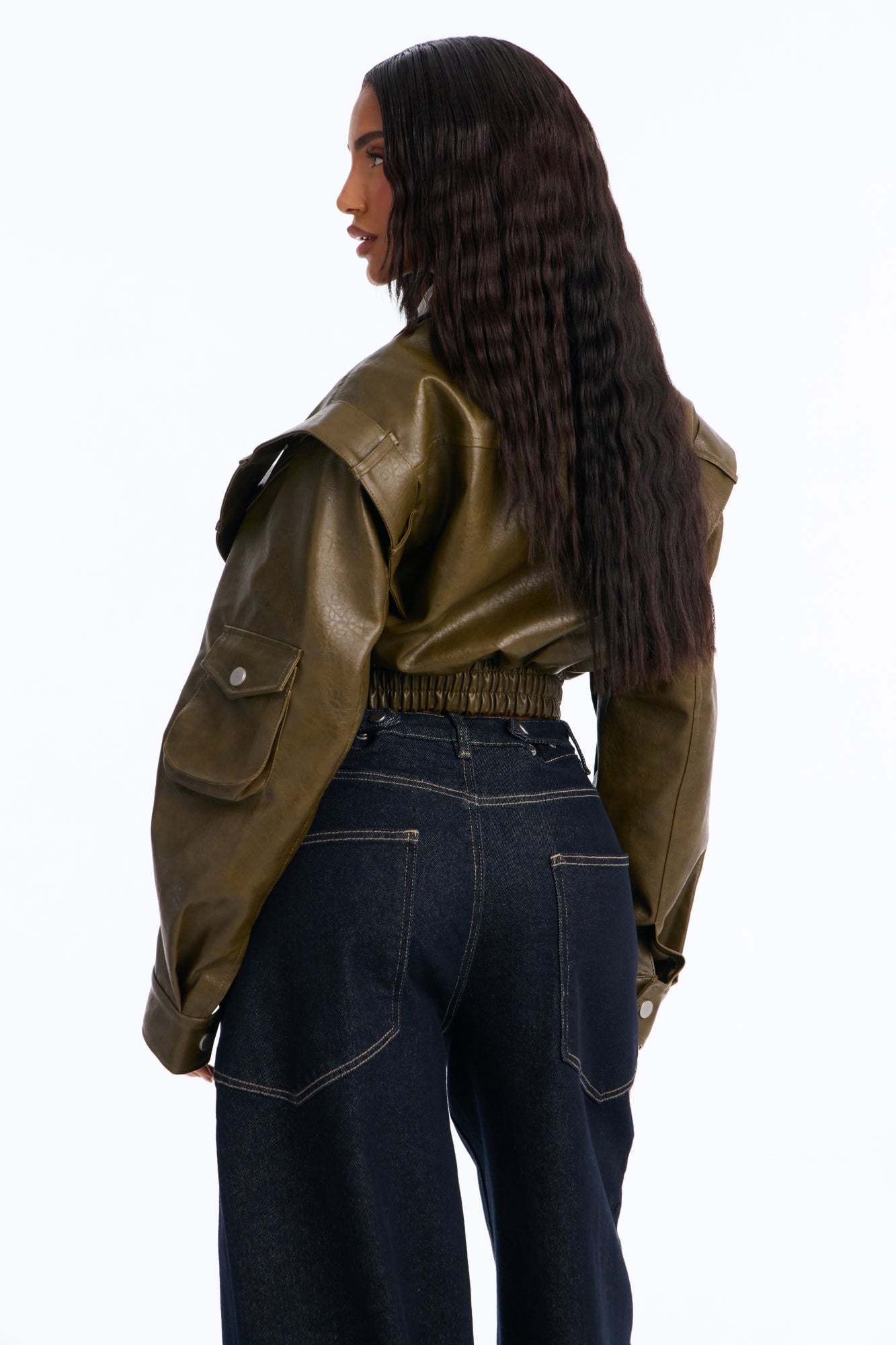 Harper Washed Faux Leather Jacket - Olive image 7