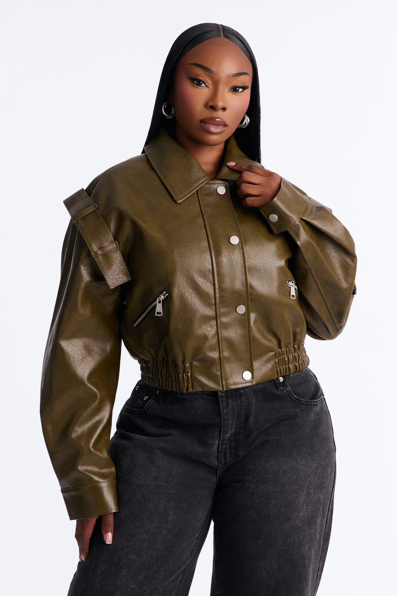 Harper Washed Faux Leather Jacket - Olive image 1