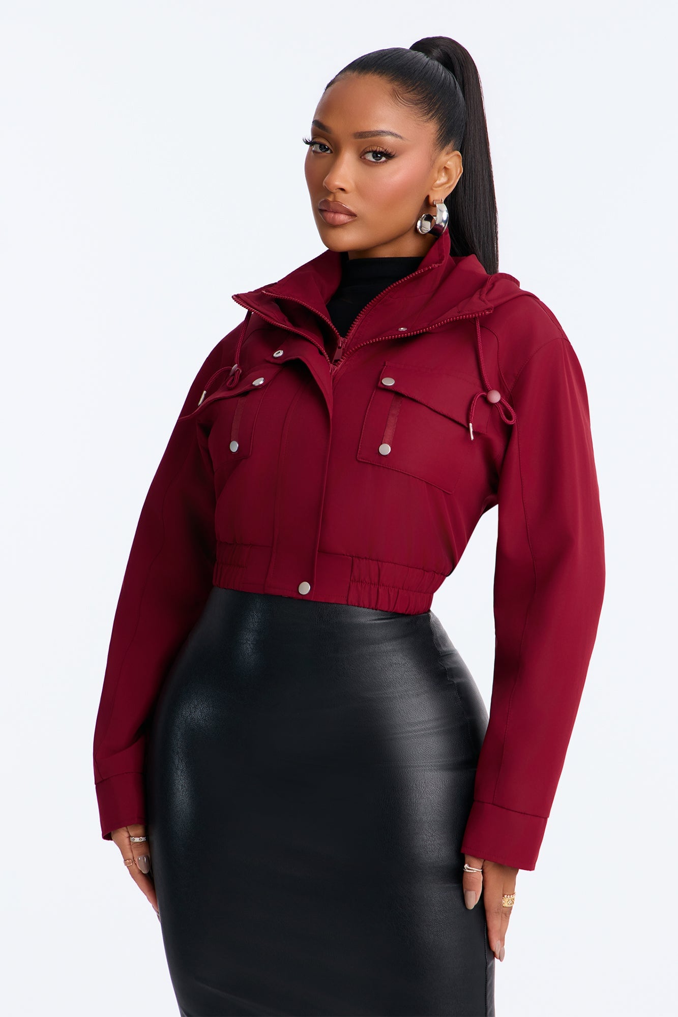 Kelsie Hooded Cropped Jacket - Burgundy image 6