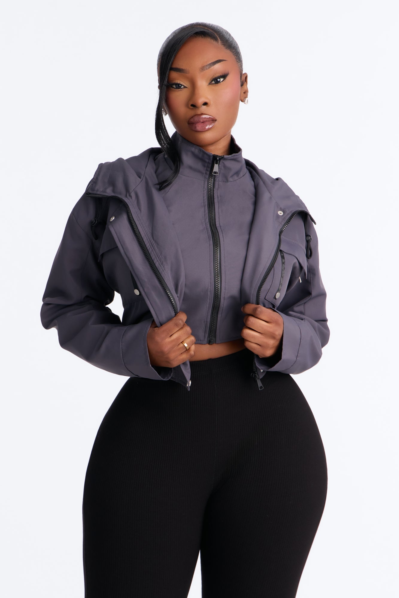 Kelsie Hooded Cropped Jacket - Charcoal image 2