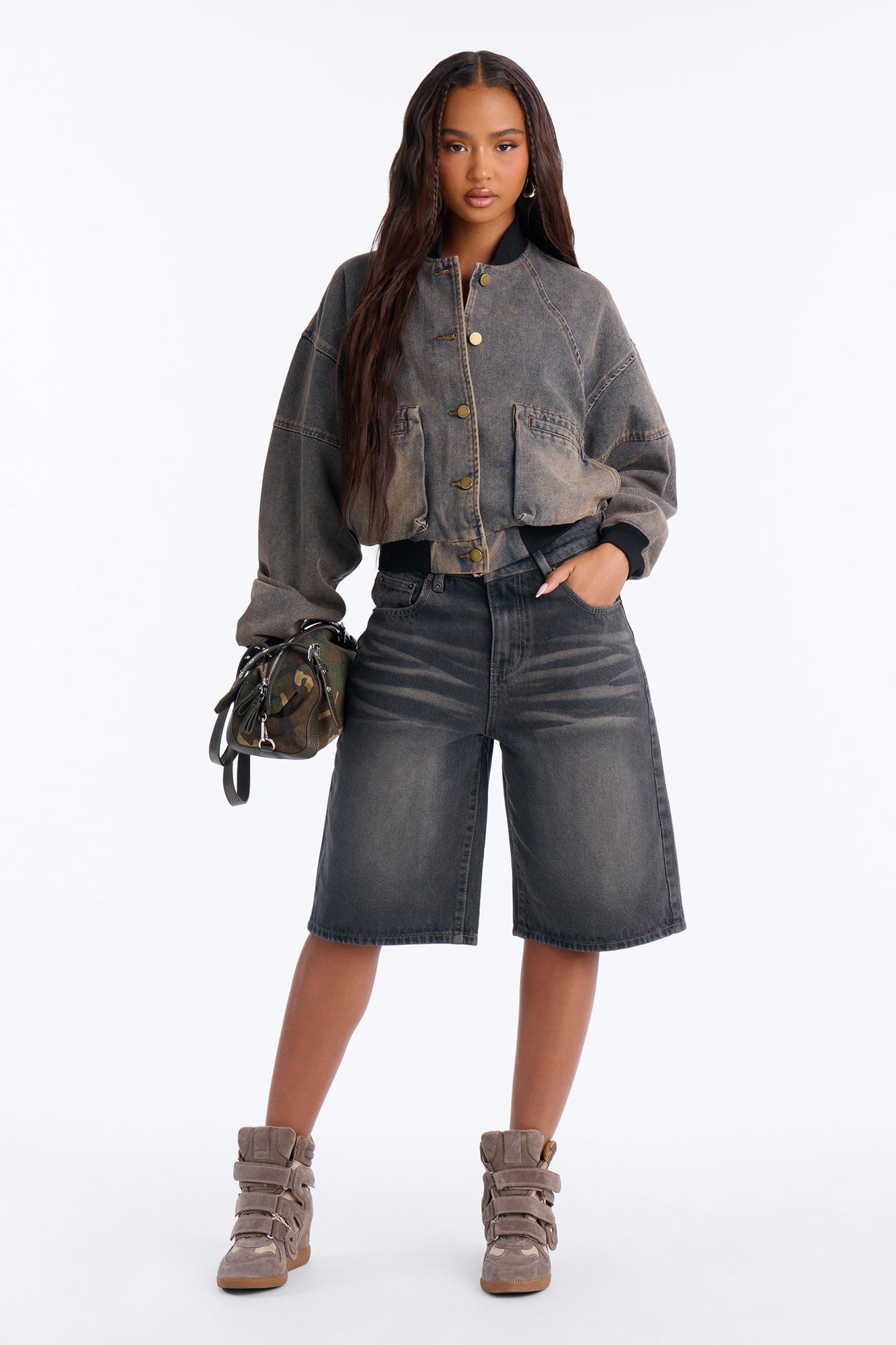 Showed Up Cargo Bomber Denim Jacket - Vintage Wash image 2