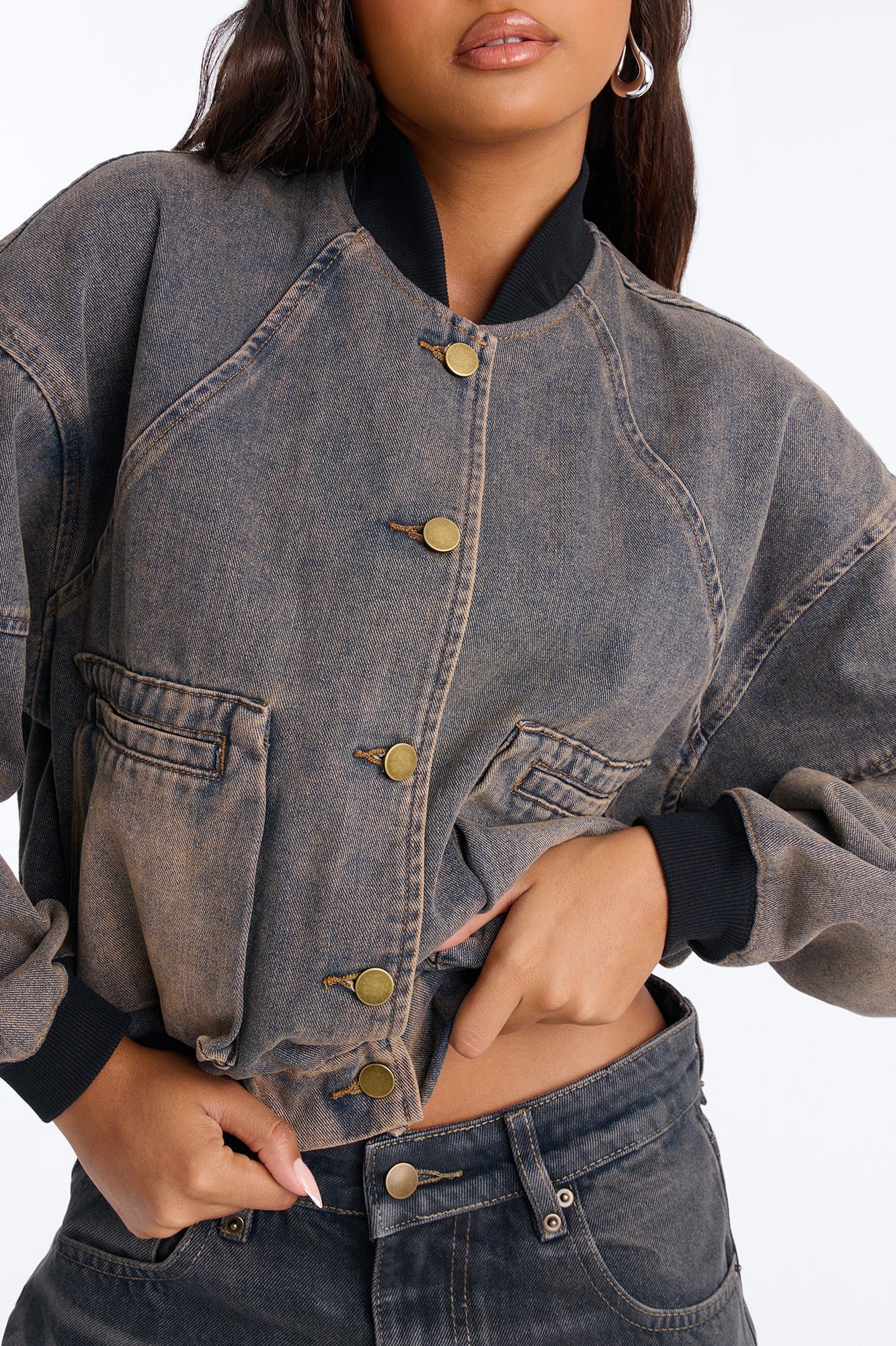Showed Up Cargo Bomber Denim Jacket - Vintage Wash image 3