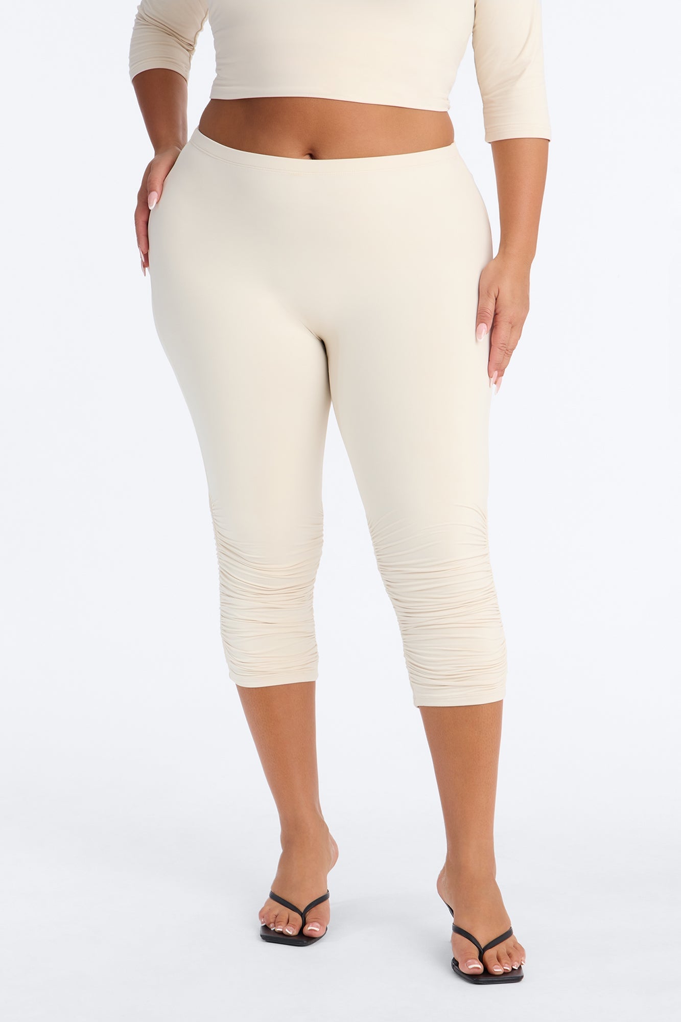 Second Skin Double Lined Ruched Low Rise Capri Legging - Bone image 2