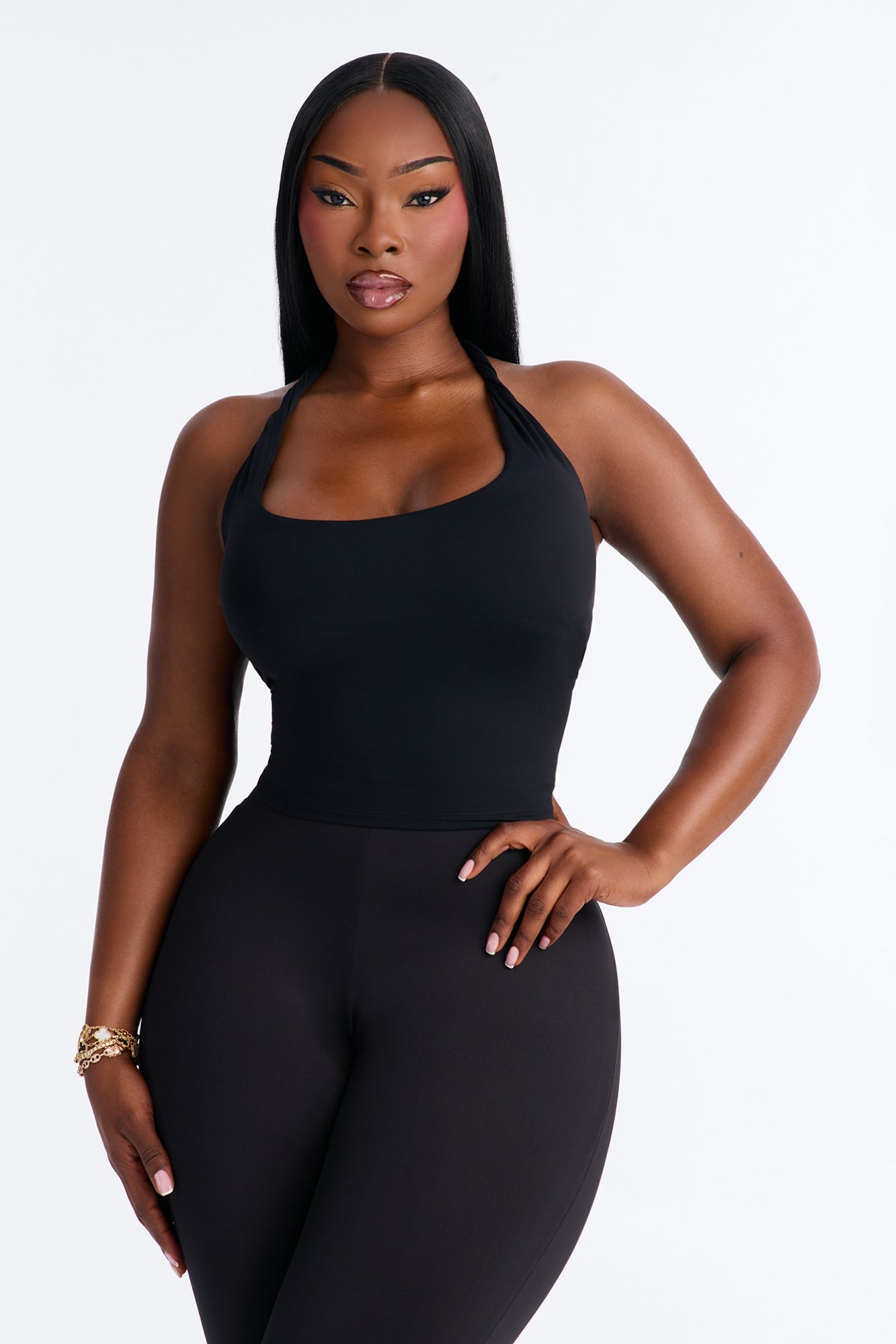 Second Skin Double Lined Twist U Neck Halter Top - Black image 1