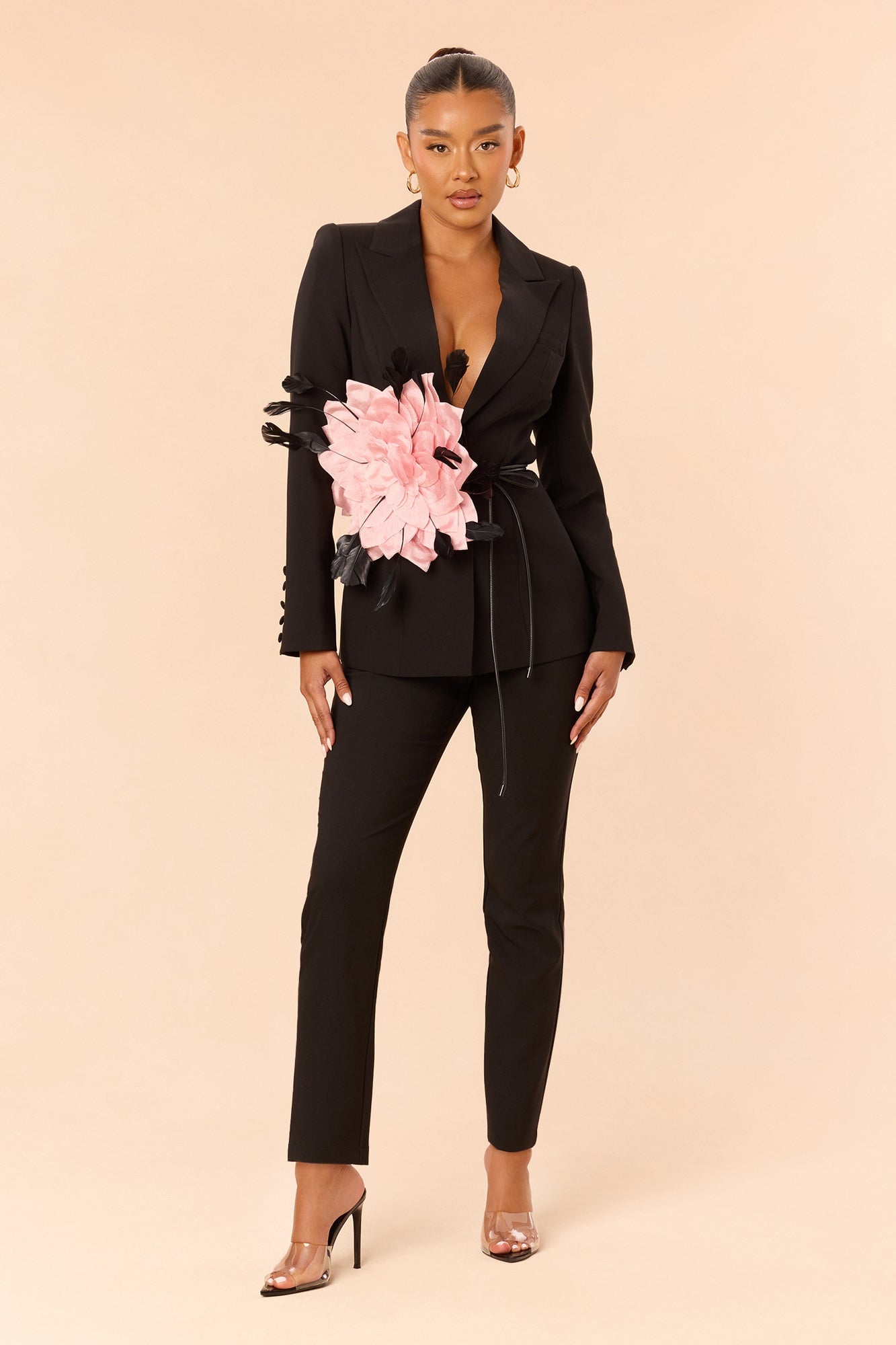 Kahlea Floral Applique Belted Pant Set - Black image 5