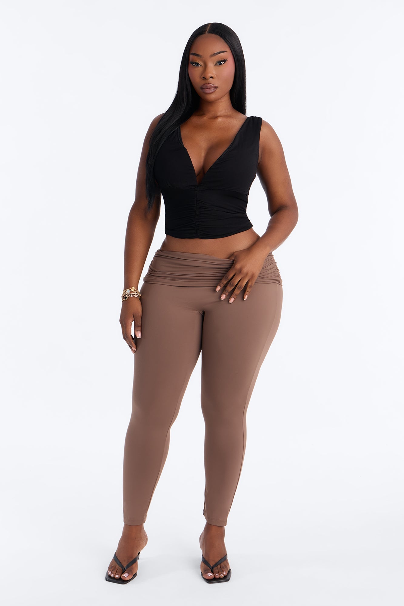 Second Skin Double Lined Ruched Foldover Leggings - Brown image 1