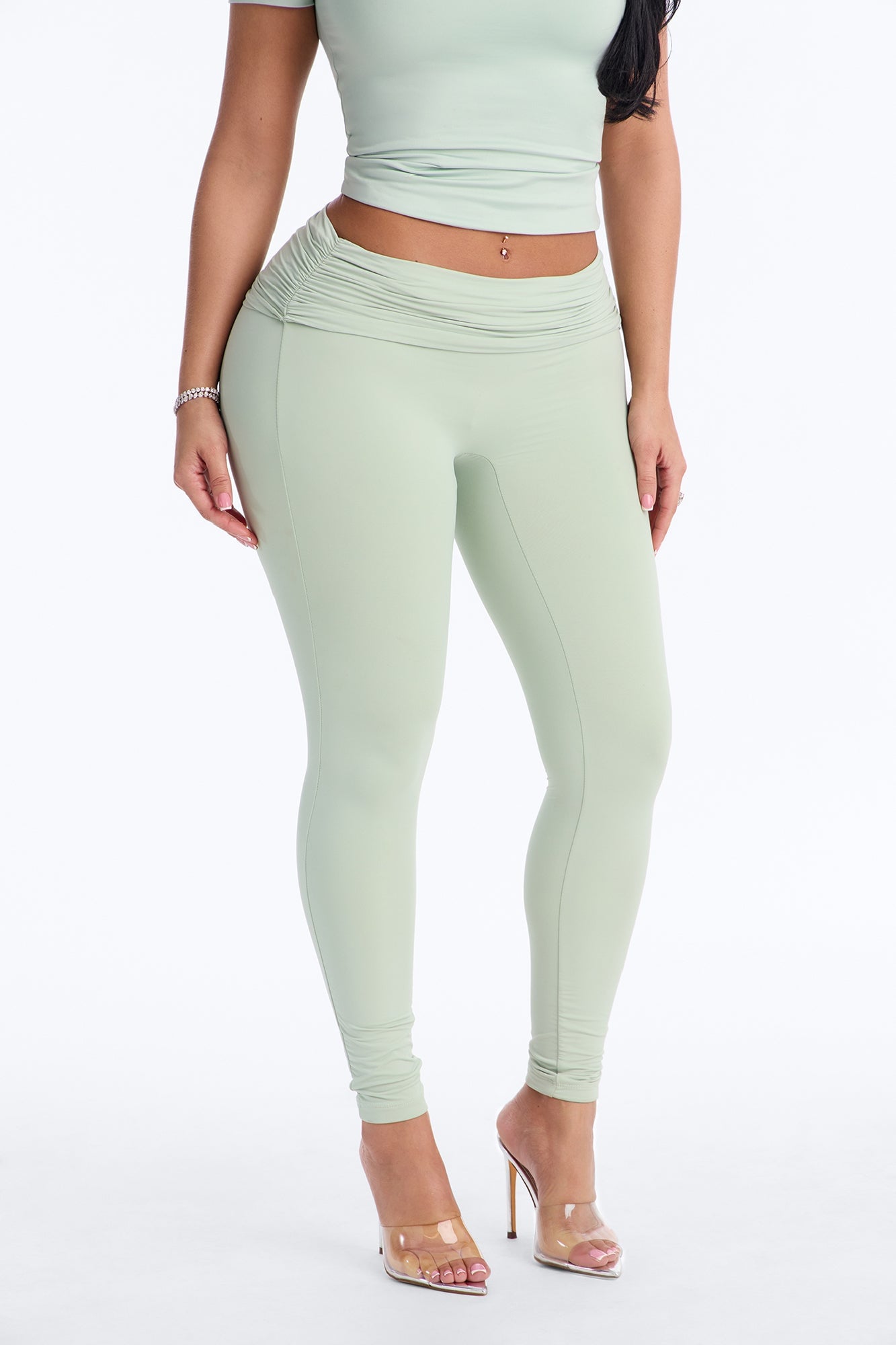 Second Skin Double Lined Ruched Foldover Leggings - Mint image 5