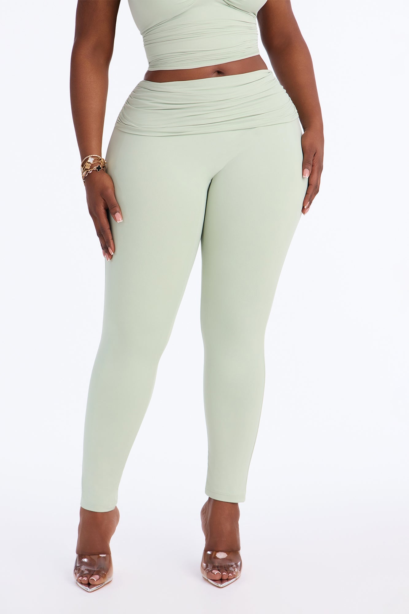 Second Skin Double Lined Ruched Foldover Leggings - Mint image 2
