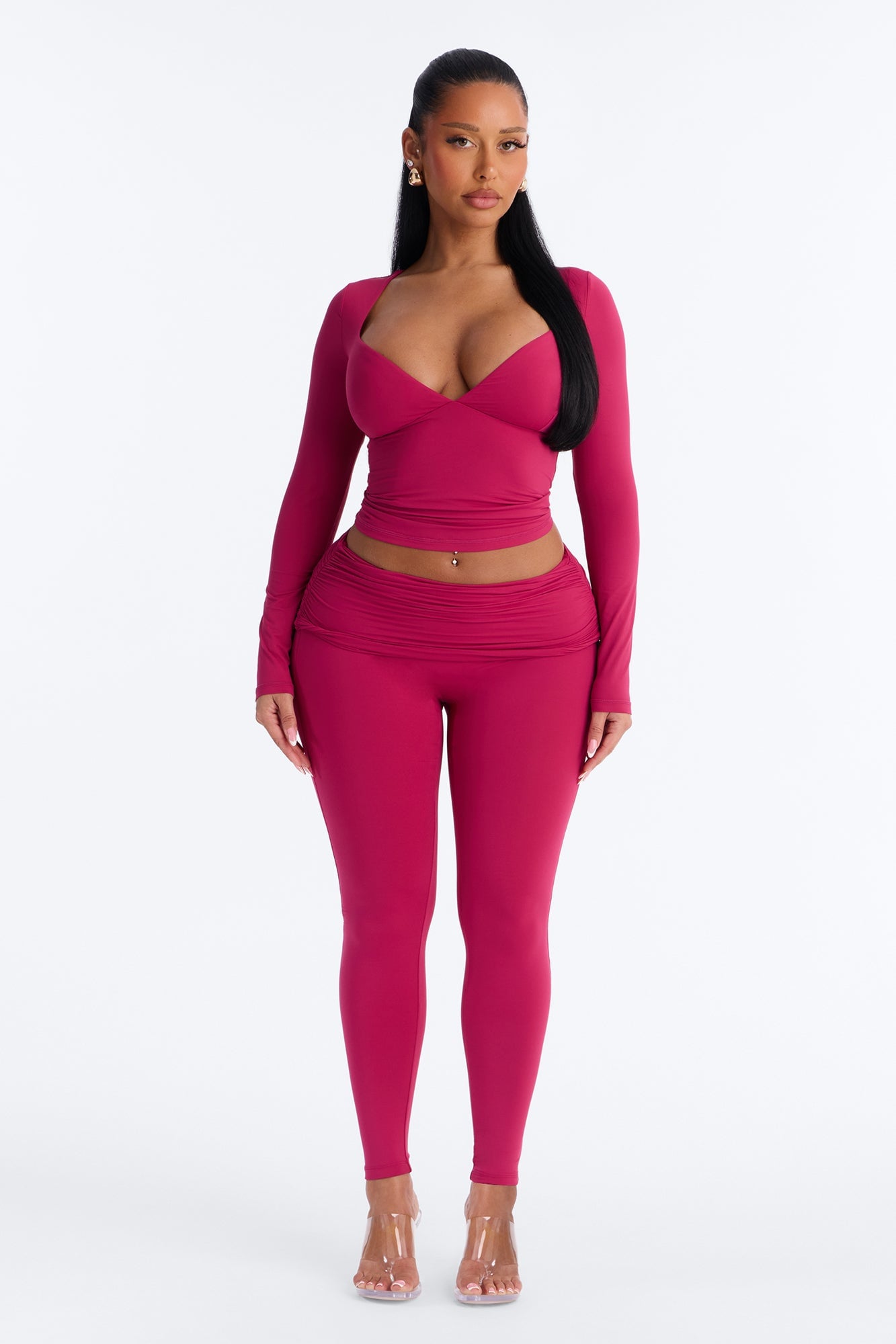 Second Skin Double Lined Ruched Foldover Leggings - Raspberry image 6