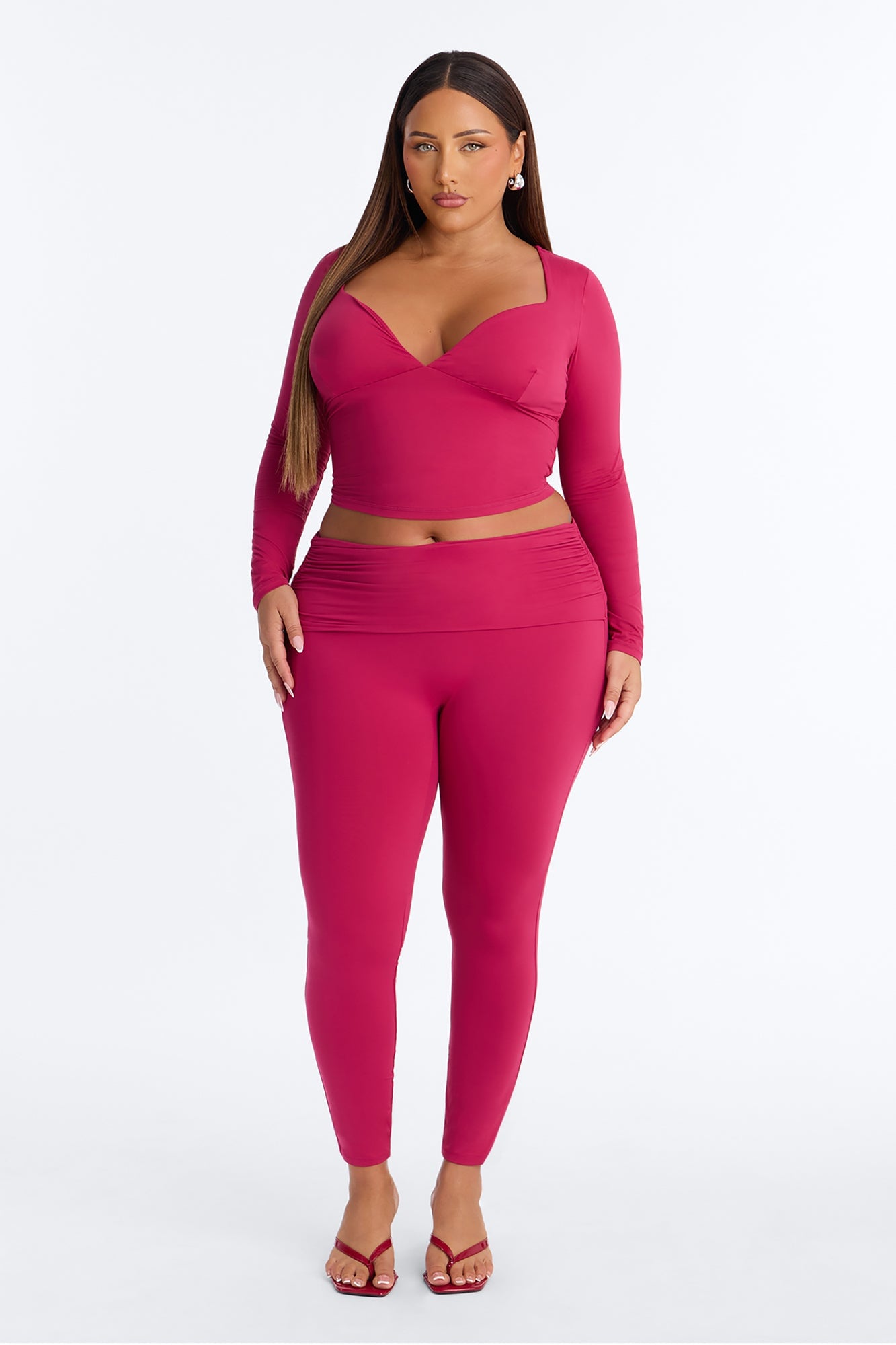 Second Skin Double Lined Ruched Foldover Leggings - Raspberry image 2