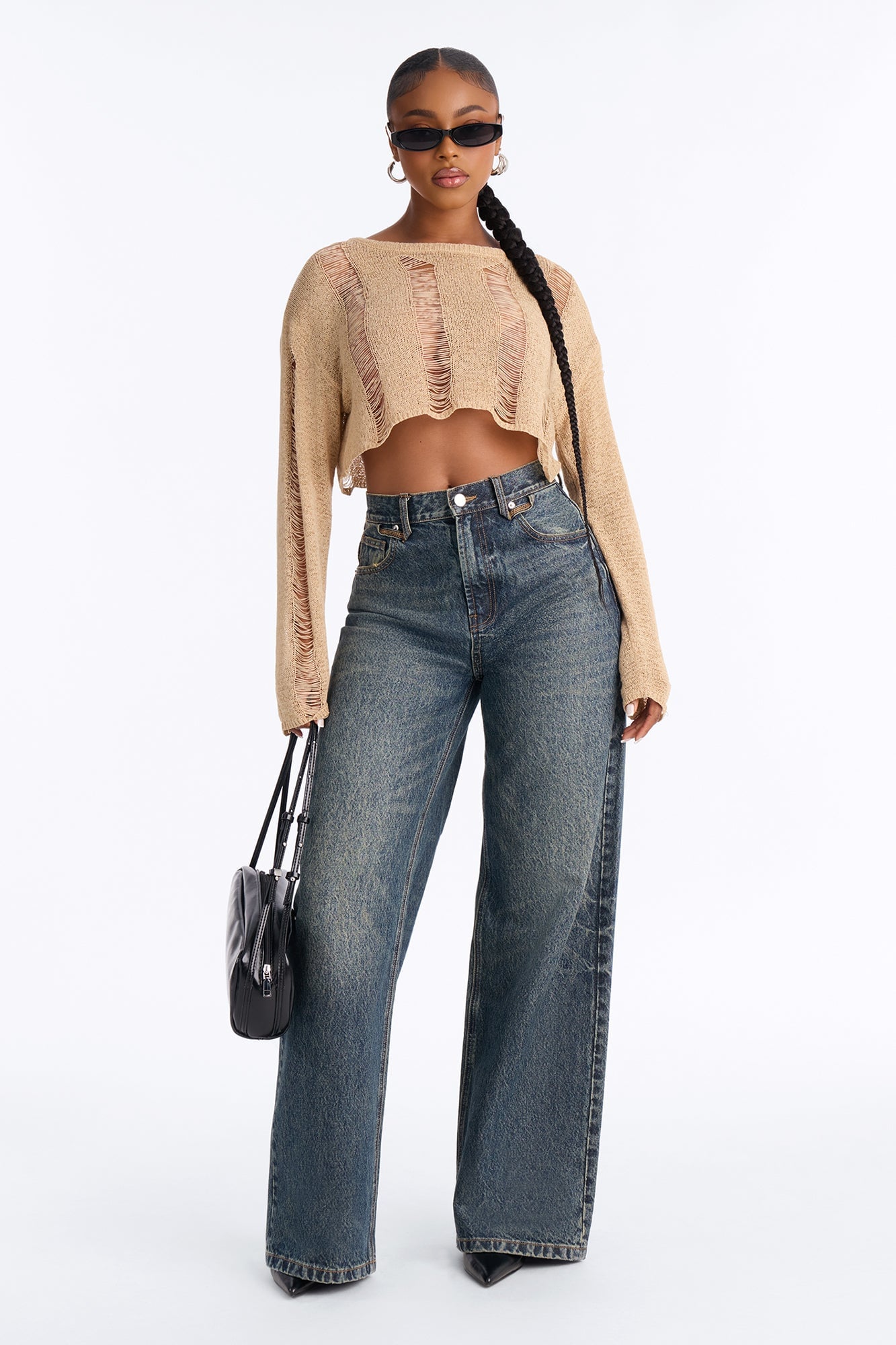 Possessive Distressed Cropped Pullover Sweater - Taupe image 2