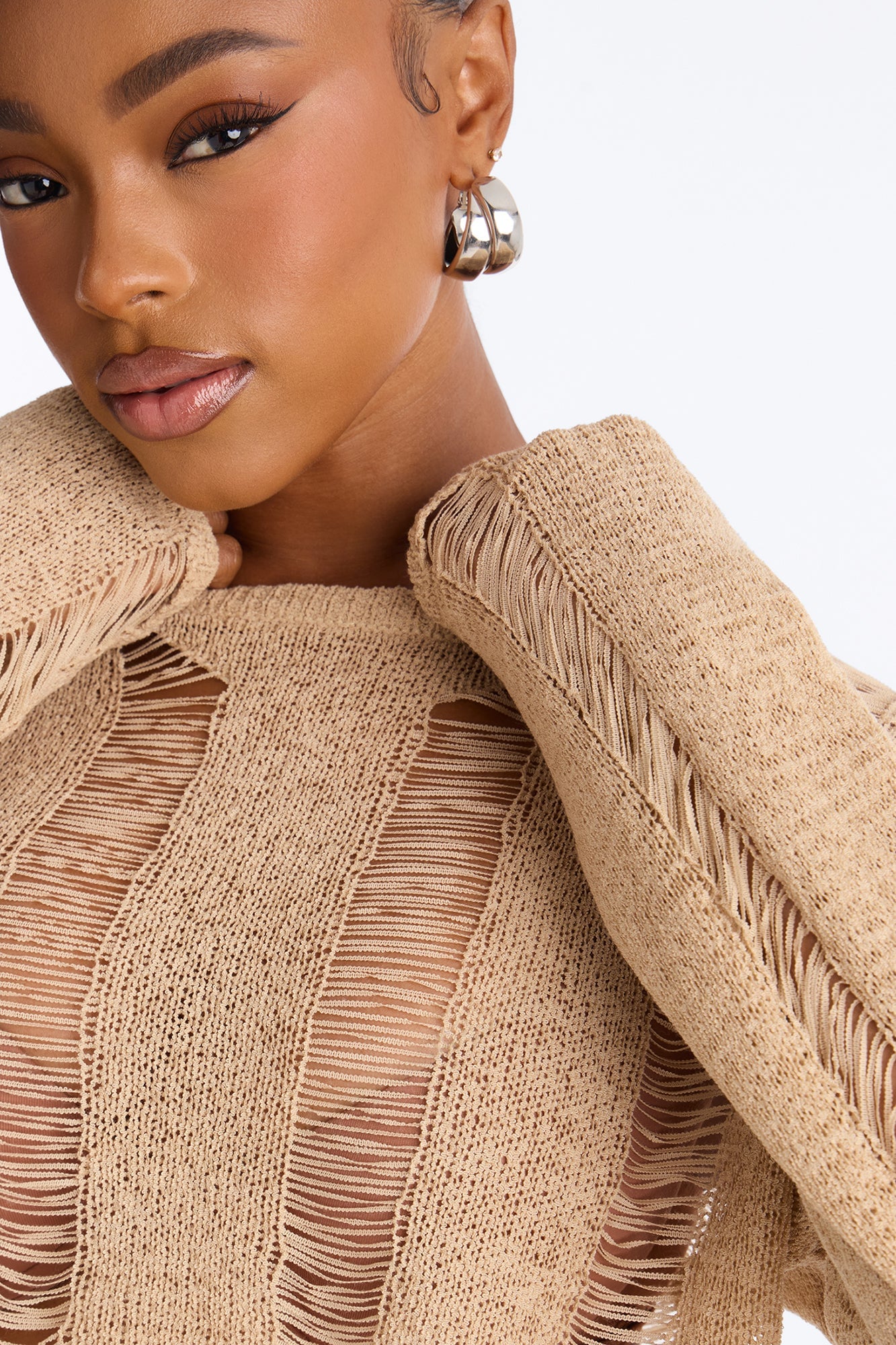 Possessive Distressed Cropped Pullover Sweater - Taupe image 3